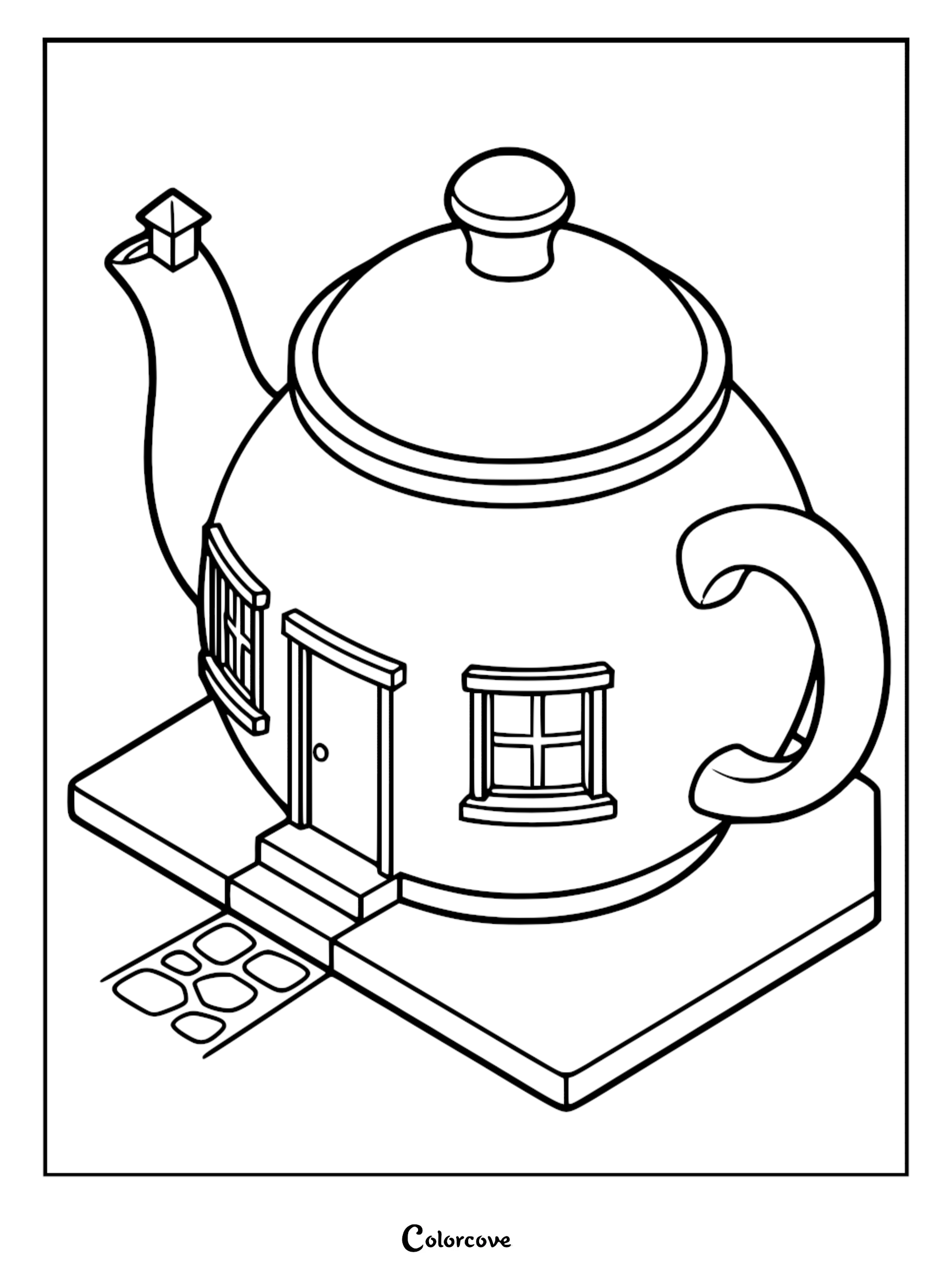 A whimsical cozy cottage shaped like a teapot with windows and a door, featured in this free printable coloring page.