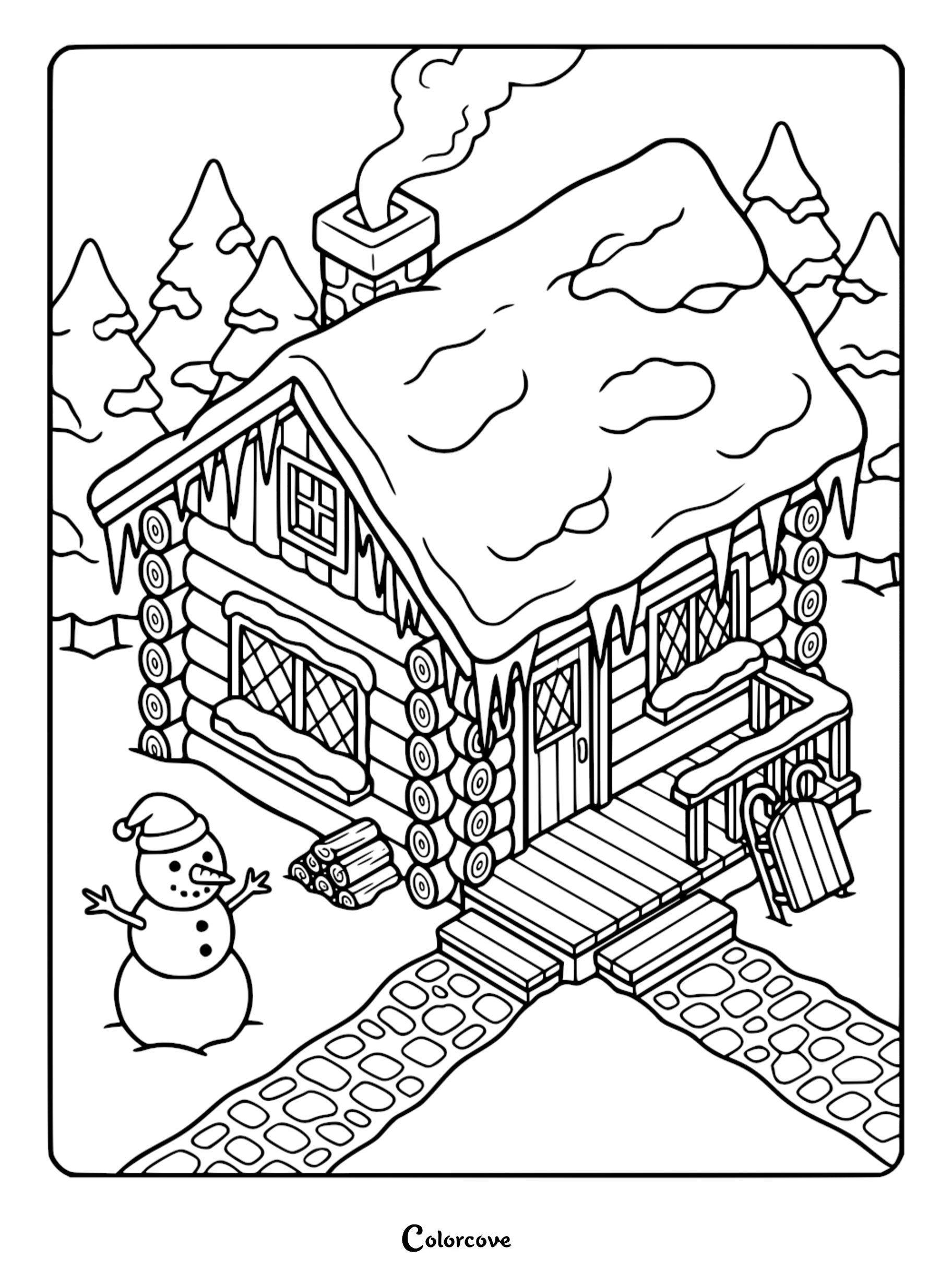 Cozy cottage coloring page featuring a log cabin with a snow-covered roof, icicles, a smoking chimney, a snowman, and a sled on the porch.