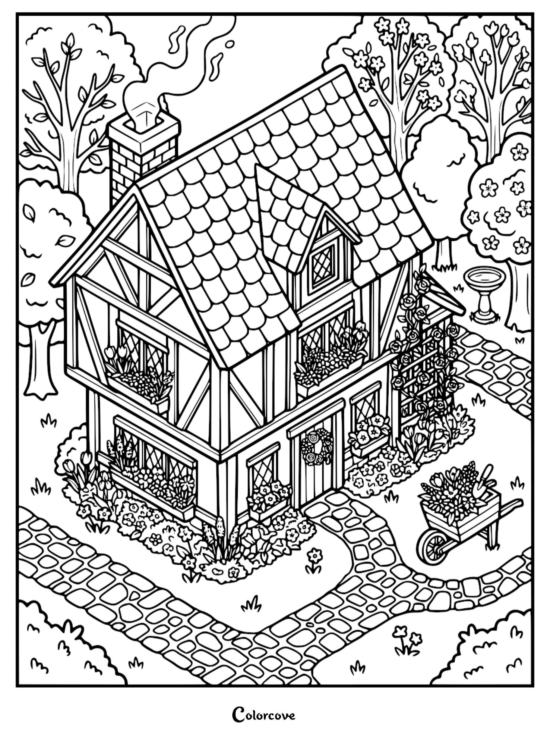 A detailed cozy cottage coloring page featuring a charming timber-framed house with a smoking chimney, flower-filled window boxes, a stone path, and a wheelbarrow in a lush garden.