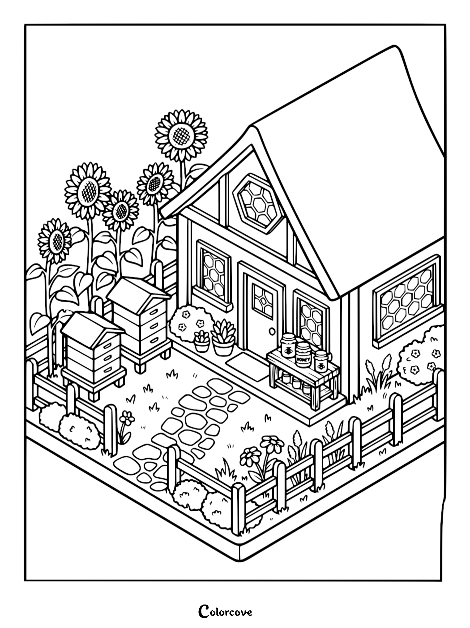 Cozy Cottage coloring page featuring a rustic house with beehives, sunflowers, and honey jars in a garden setting.