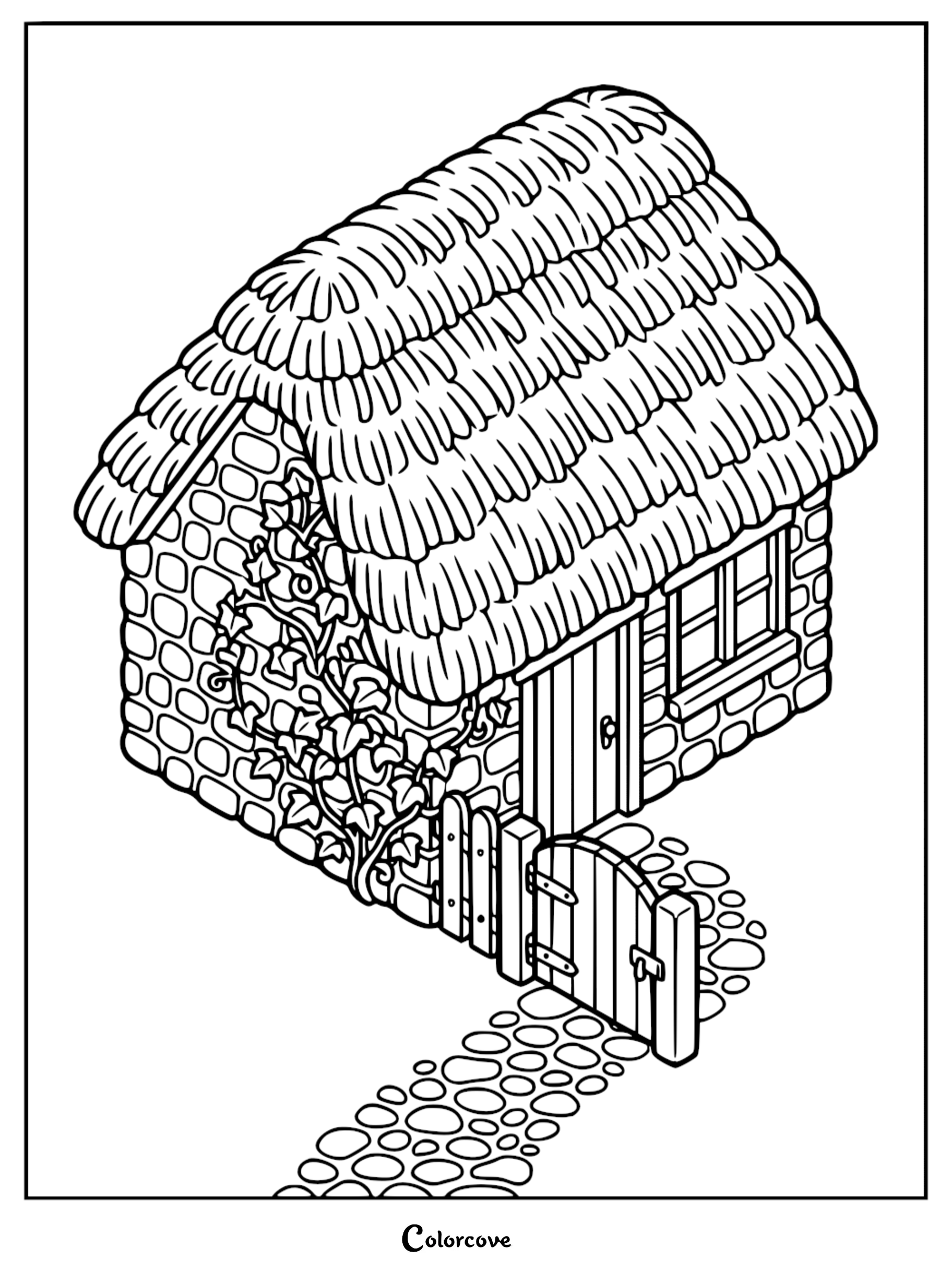 A printable coloring page featuring a cozy cottage with a thatched roof, stone walls covered in ivy, and a cobblestone path leading to a wooden gate.