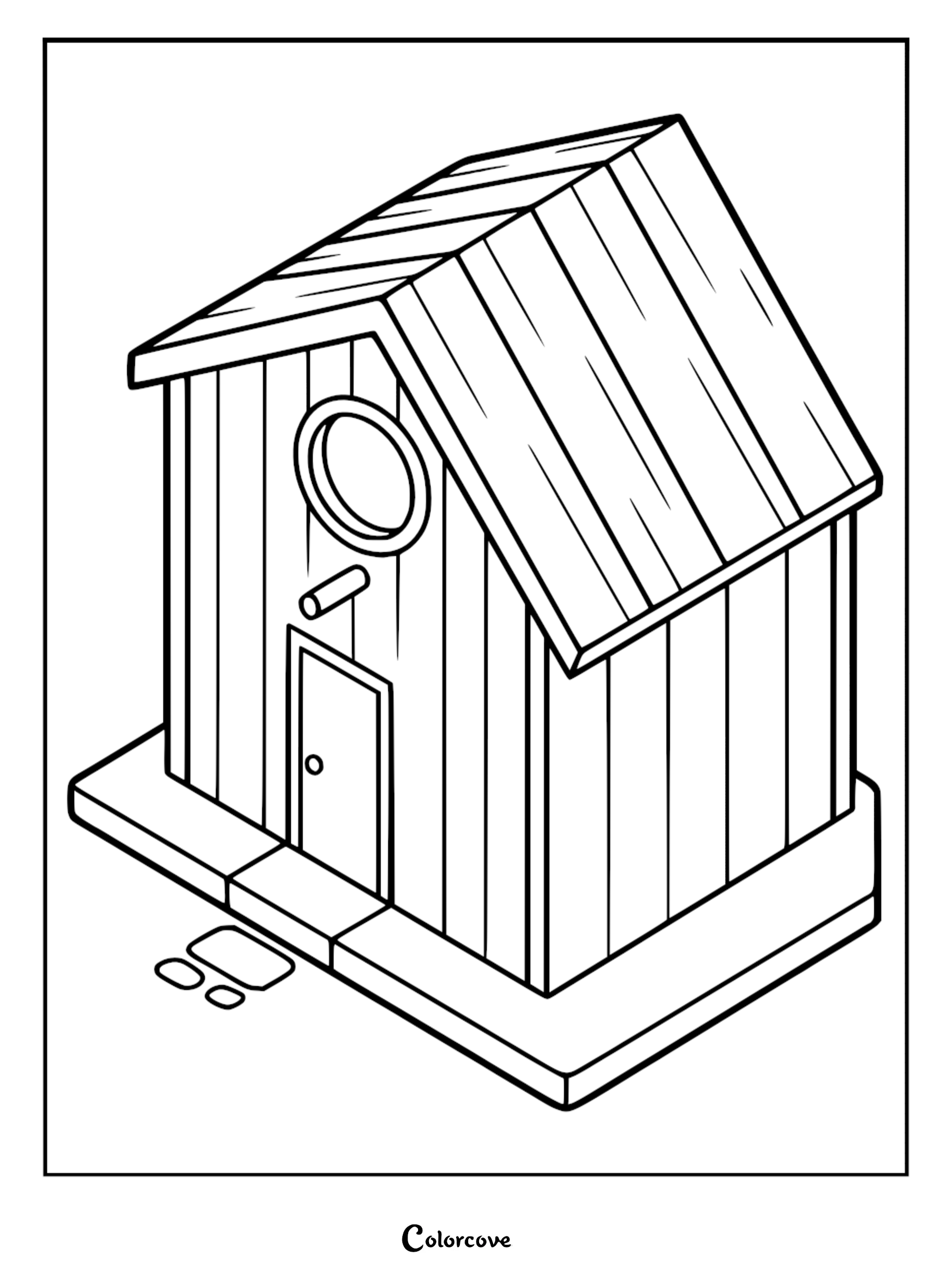 A printable coloring page featuring a cozy cottage with a circular window, a small door, and a stone path.