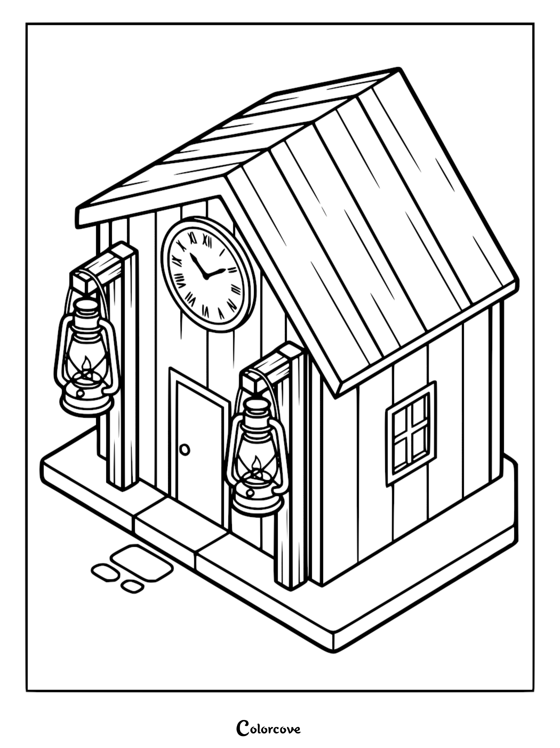 A printable coloring page of a cozy cottage featuring a large wall clock and two hanging lanterns on the exterior.