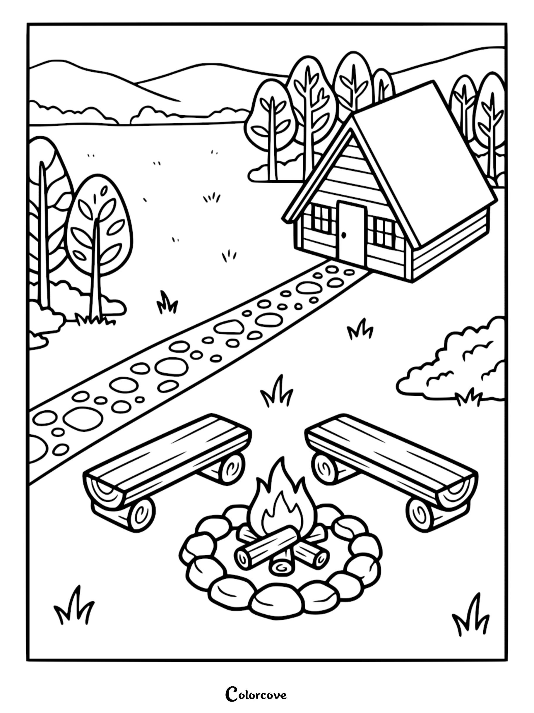 Cozy Cottage coloring page featuring a cabin with a stone path, campfire, and wooden benches.