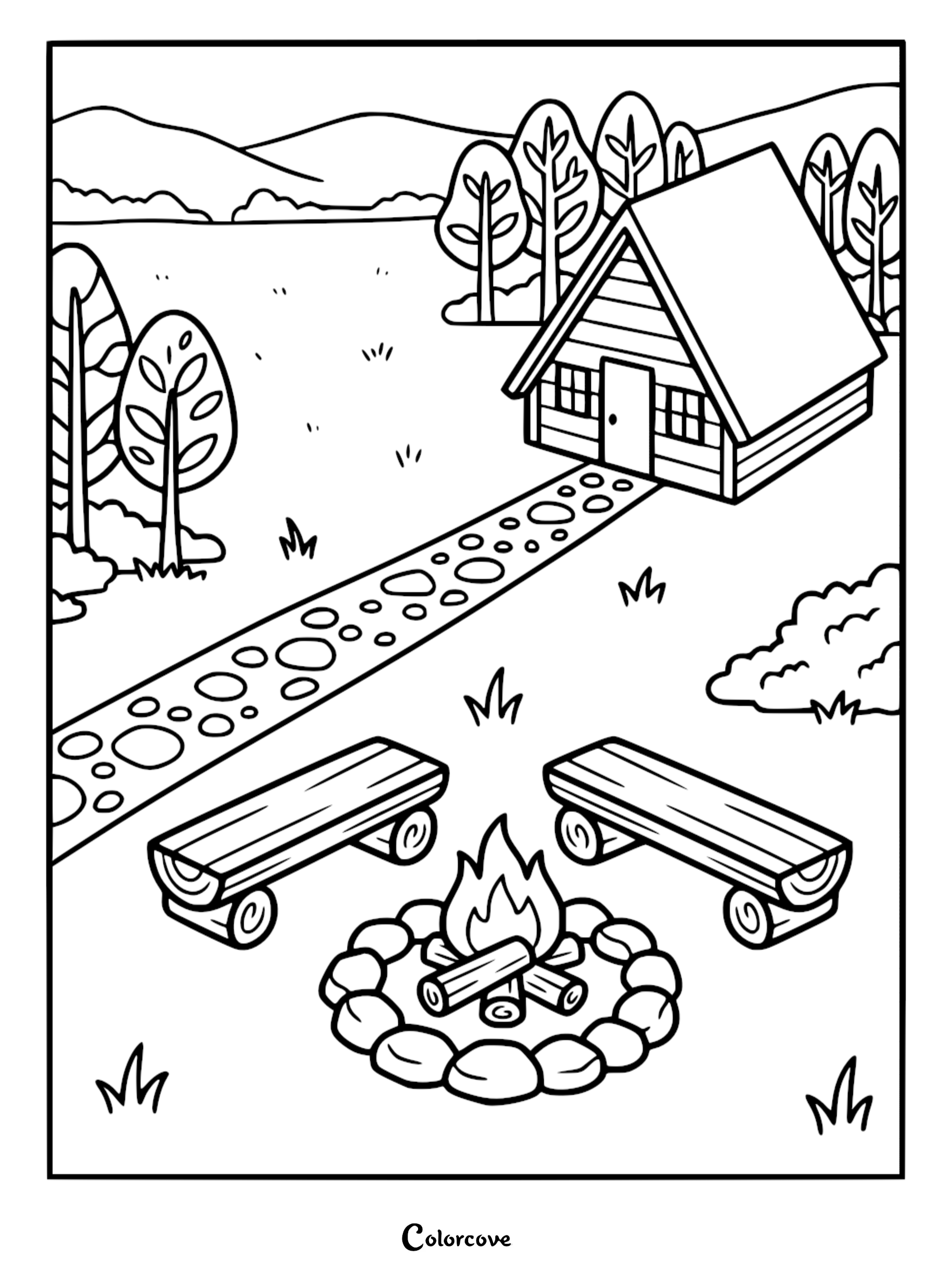 A cozy cottage coloring page featuring a cabin with a stone path leading to a campfire surrounded by two wooden benches.