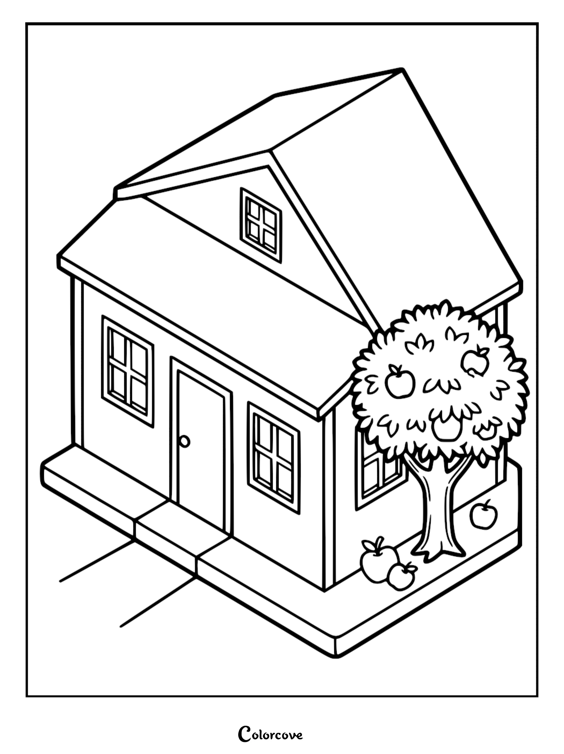A printable cozy cottage coloring page featuring an isometric house with an apple tree and fallen fruit in the yard.