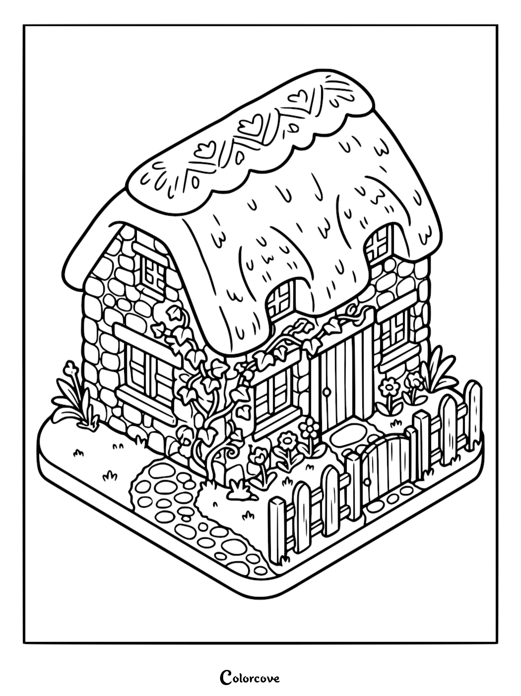 A printable cozy cottage coloring page featuring a stone house with a thatched roof, ivy, and a picket fence.