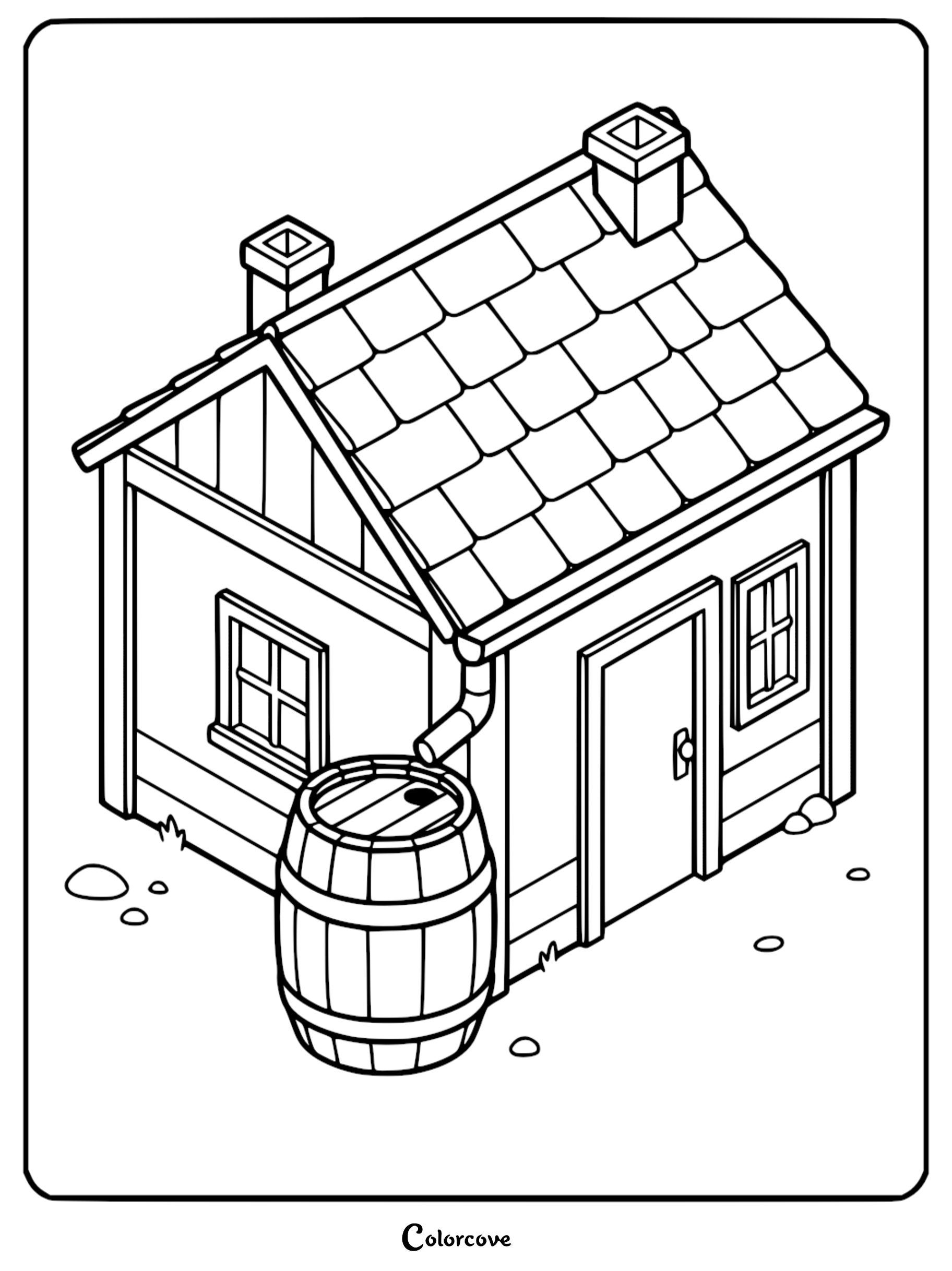Isometric cozy cottage coloring page featuring a wooden house with a rain barrel and two chimneys.