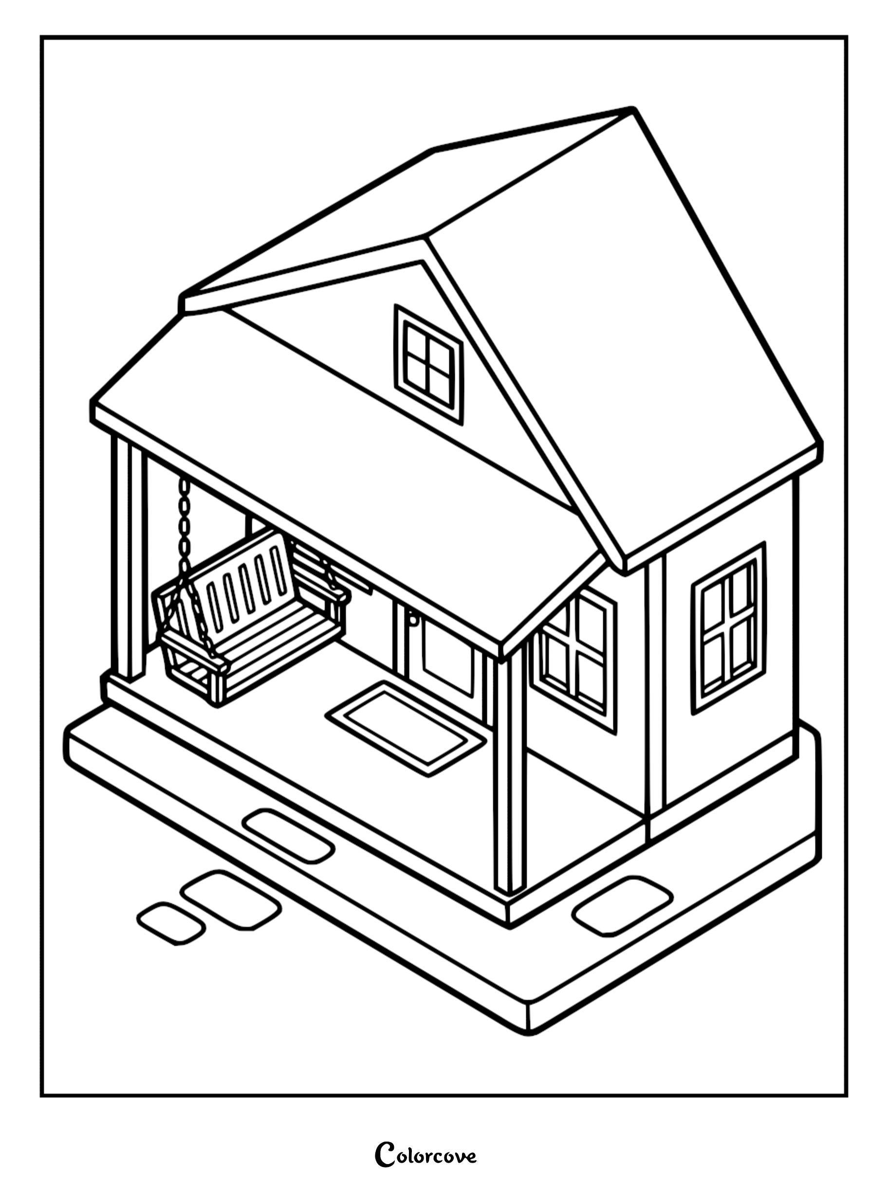 A printable cozy cottage coloring page featuring an isometric house with a front porch and a hanging swing.