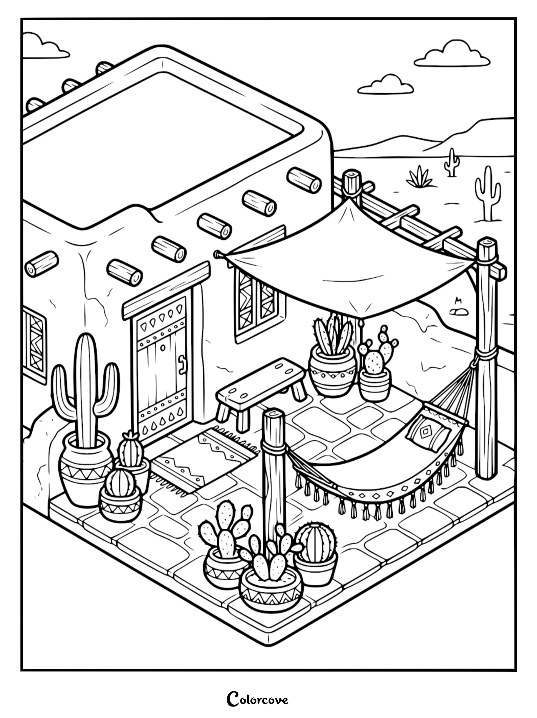 Cozy Cottage coloring page featuring an adobe house with a hammock, wooden bench, and potted cacti on a stone patio in the desert.