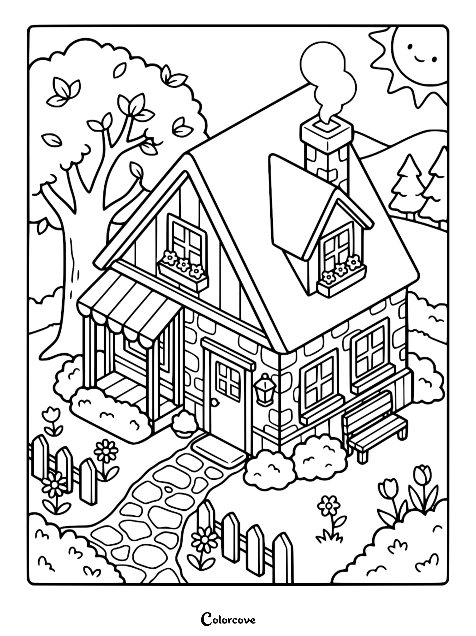 A cozy cottage coloring page featuring a stone house with a smoking chimney, a stone path, a garden bench, and a smiling sun in the sky.