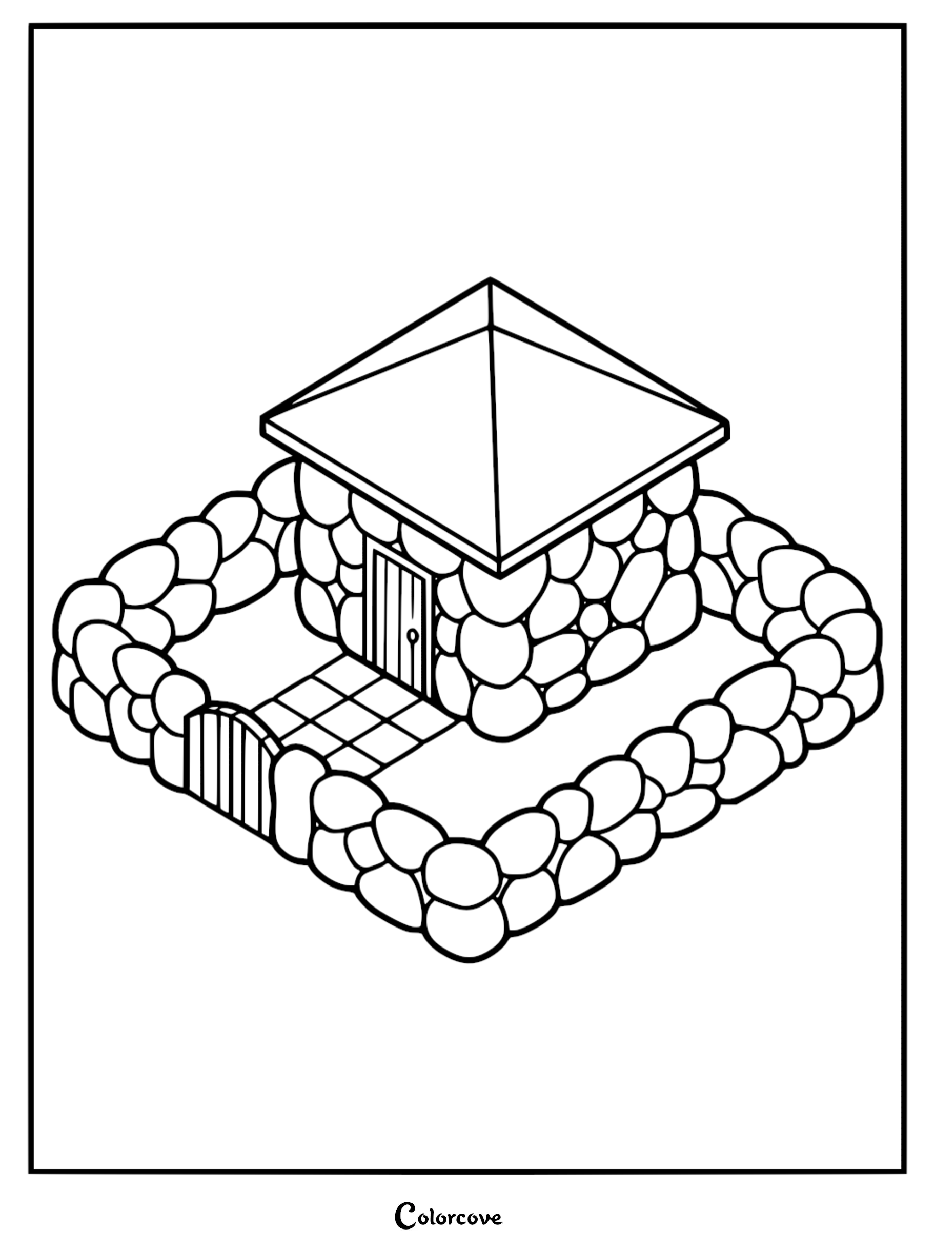 A printable coloring page featuring an isometric cozy cottage surrounded by a stone wall and a small gate.