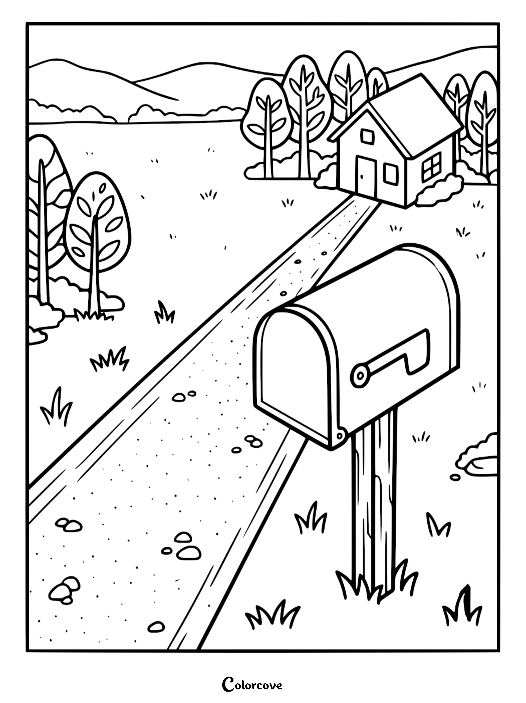 A printable coloring page featuring a cozy cottage at the end of a long driveway with a mailbox in the foreground.