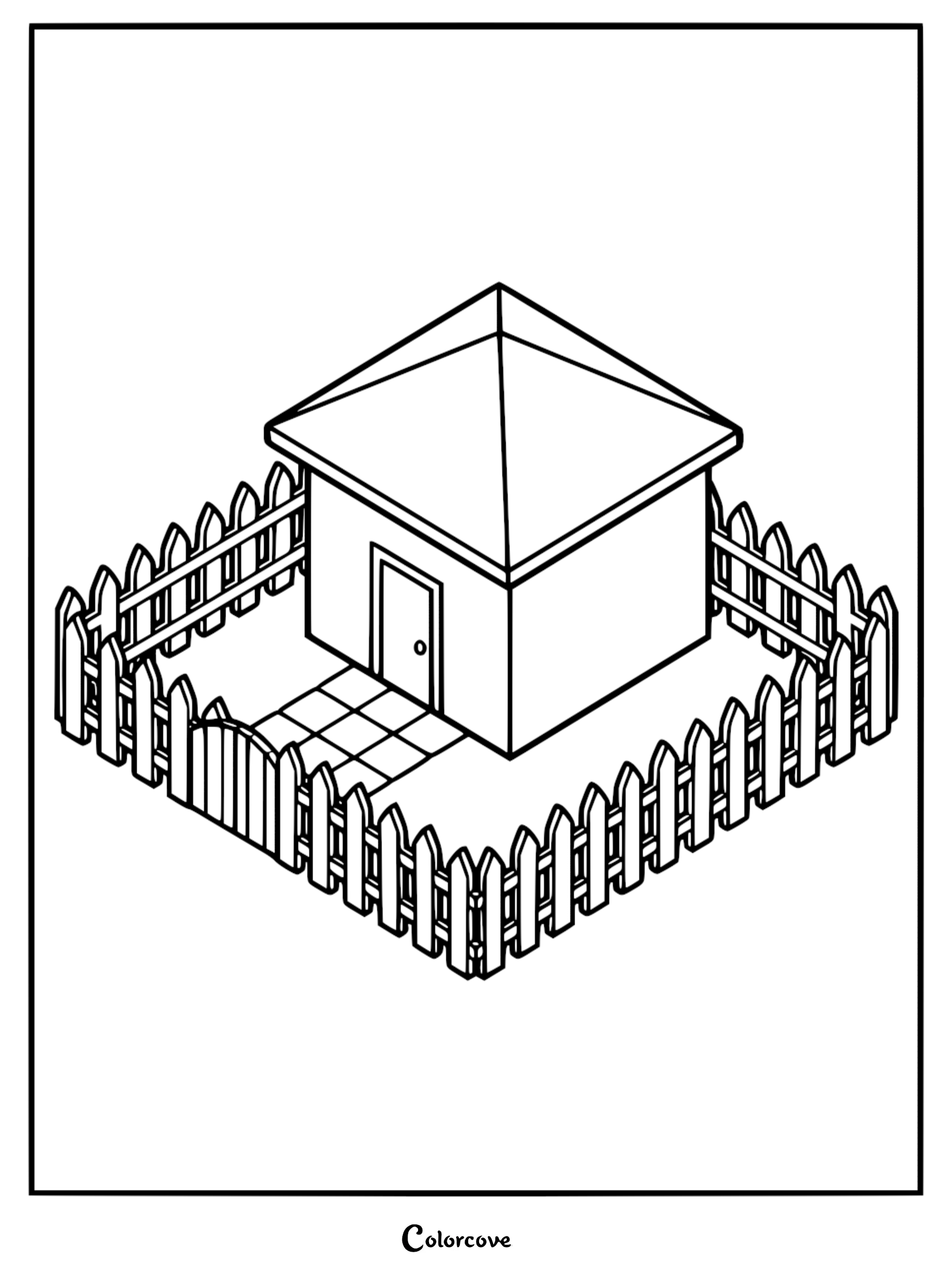 Isometric view of a cozy cottage with a picket fence and tiled walkway in this printable coloring page.