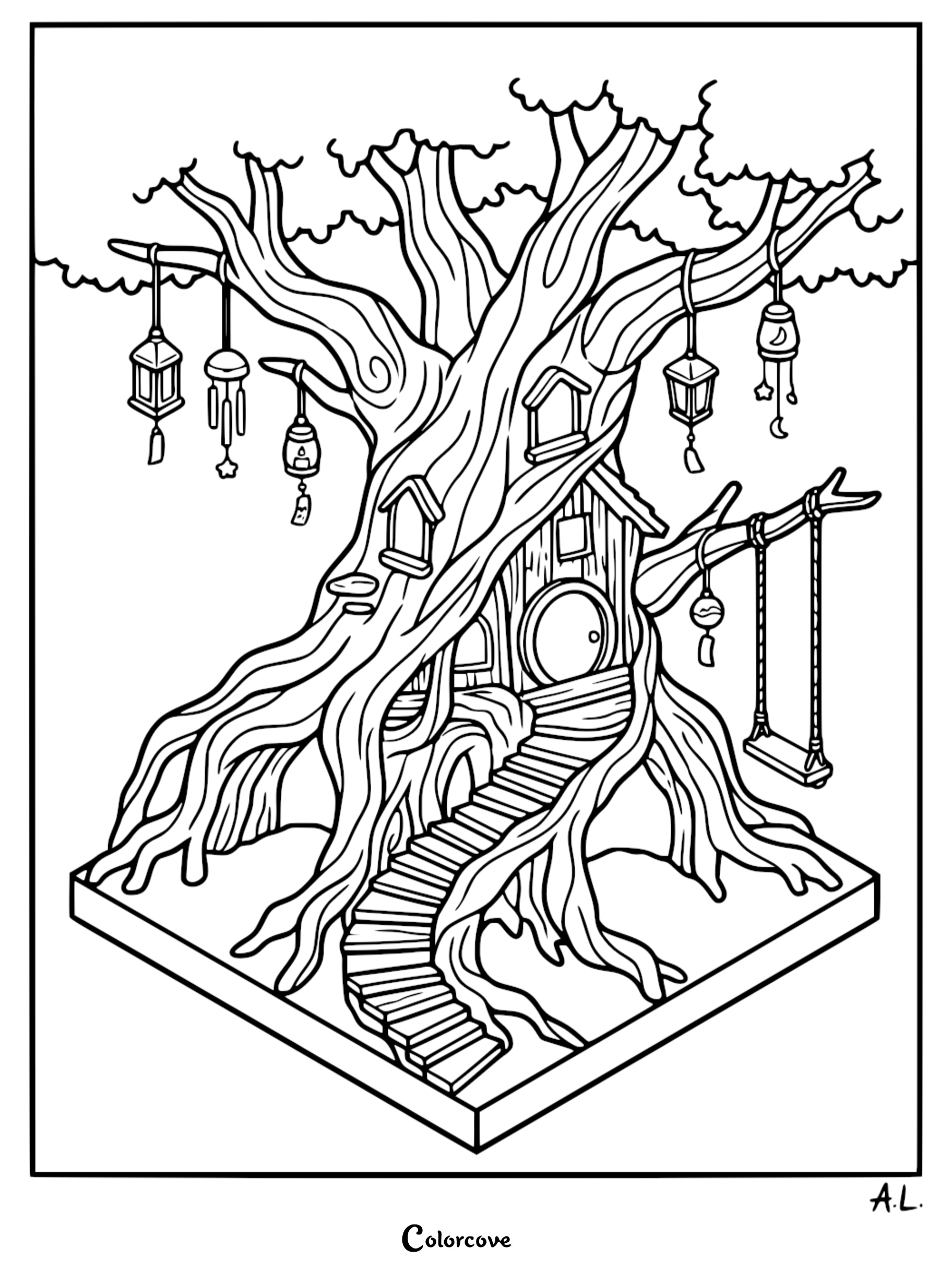 A detailed cozy cottage treehouse coloring page featuring a large tree with a built-in home, winding stairs, hanging lanterns, wind chimes, and a wooden swing.