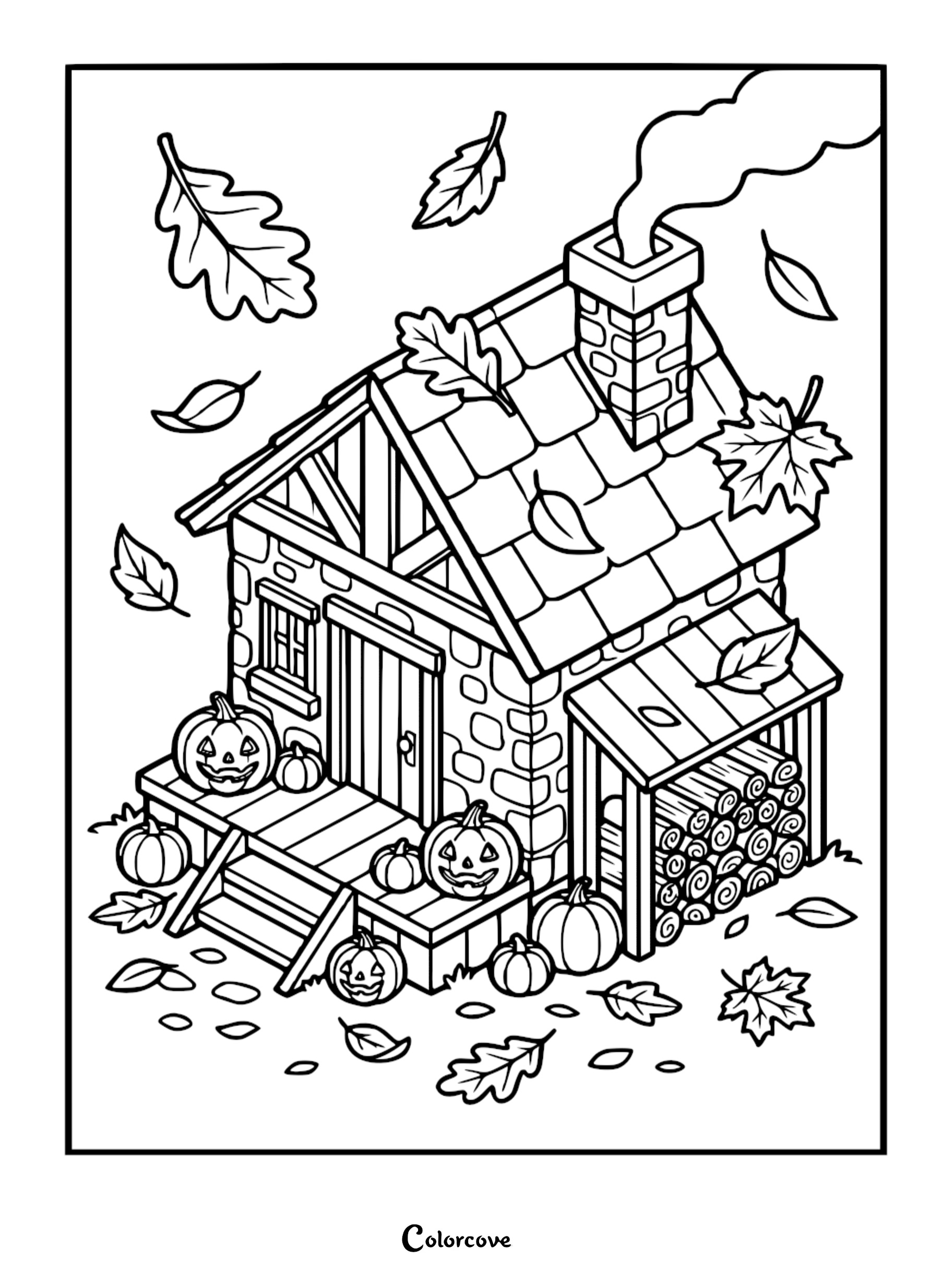 Cozy cottage coloring page featuring a stone house with a smoking chimney, jack-o'-lanterns on the porch, and falling autumn leaves.