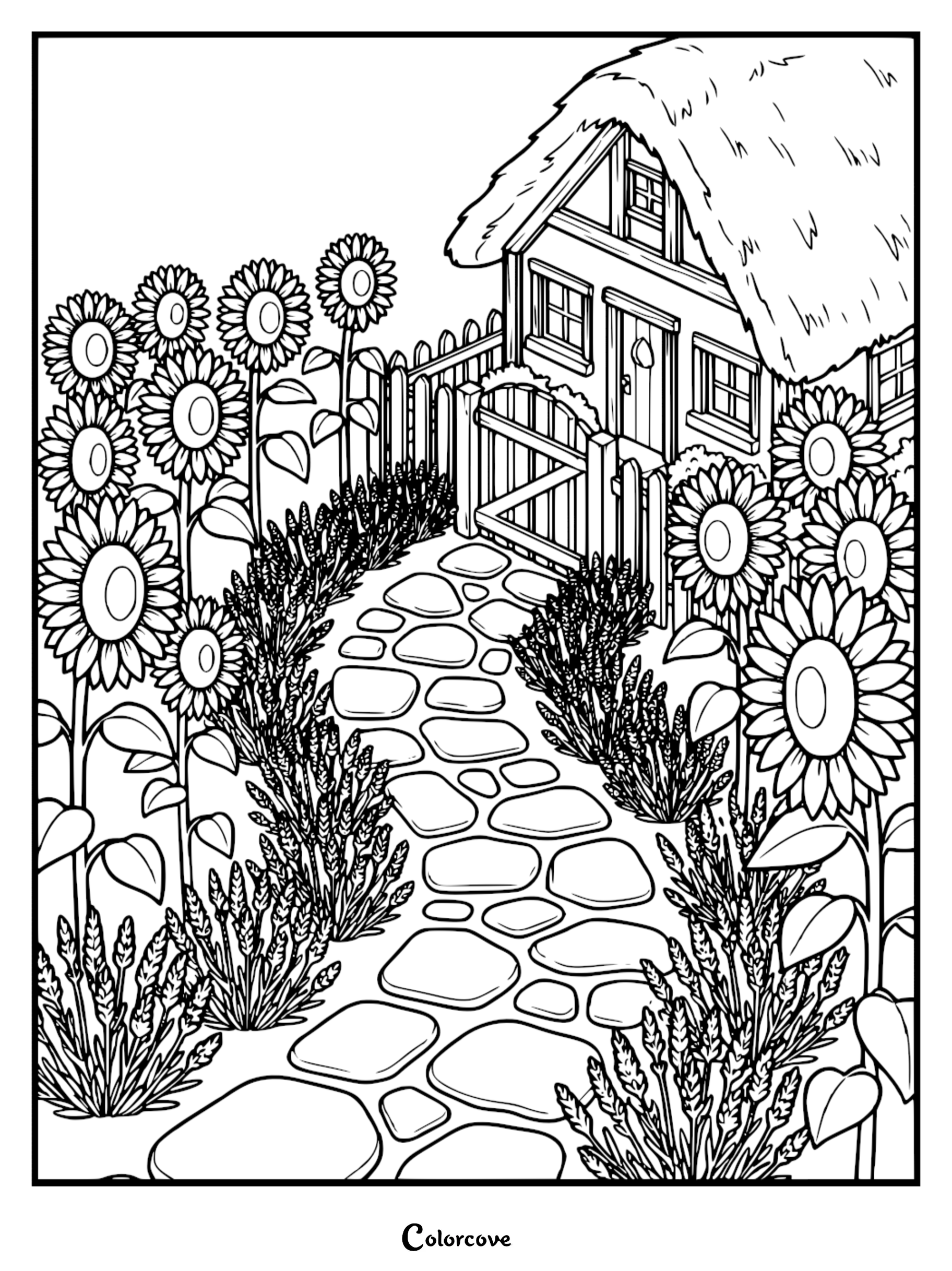 A cozy cottage coloring page featuring a stone path leading to a thatched-roof house surrounded by tall sunflowers and lavender.
