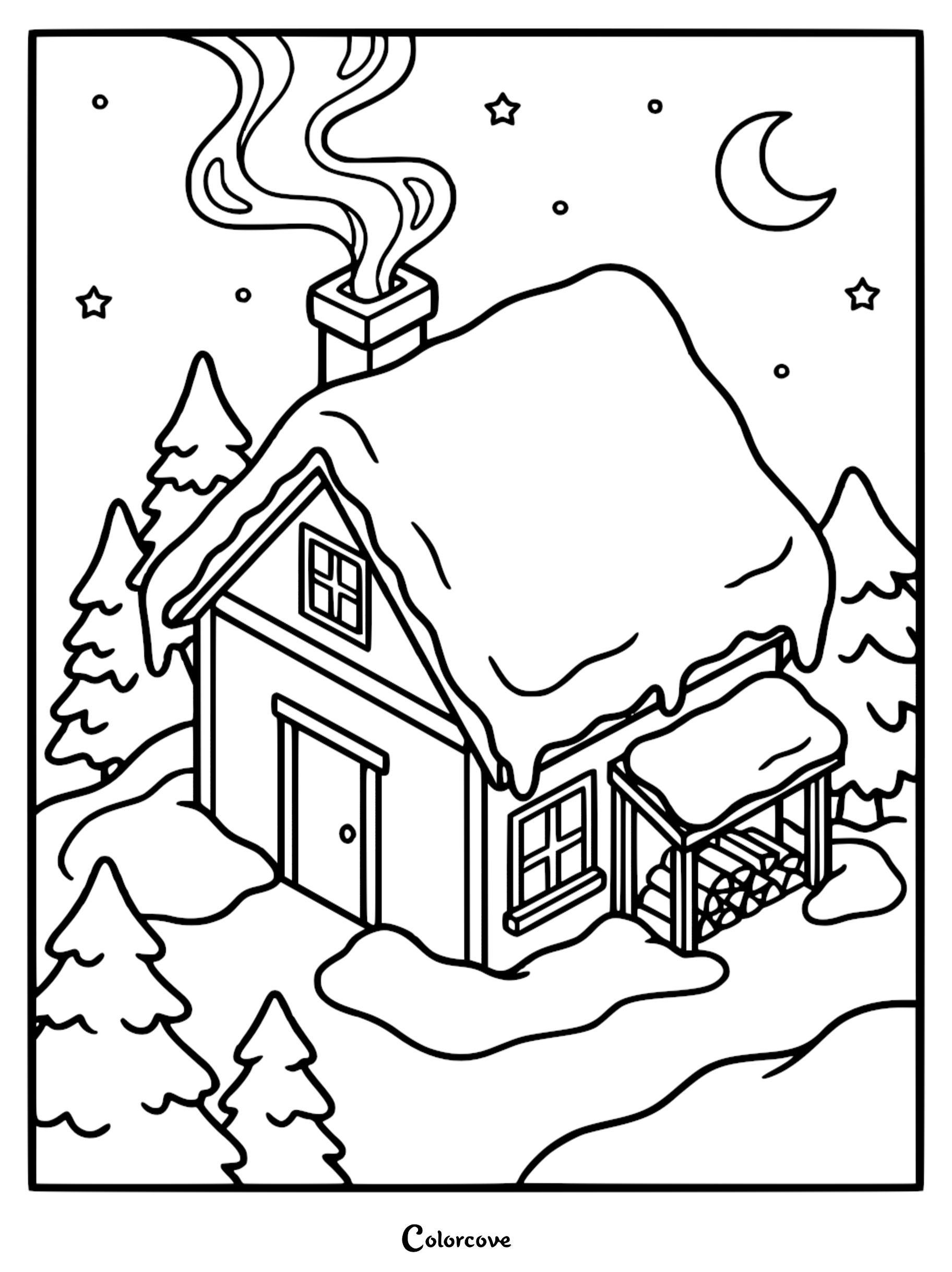 A printable cozy cottage coloring page featuring a snow-covered cabin with a smoking chimney, pine trees, and a crescent moon in the night sky.