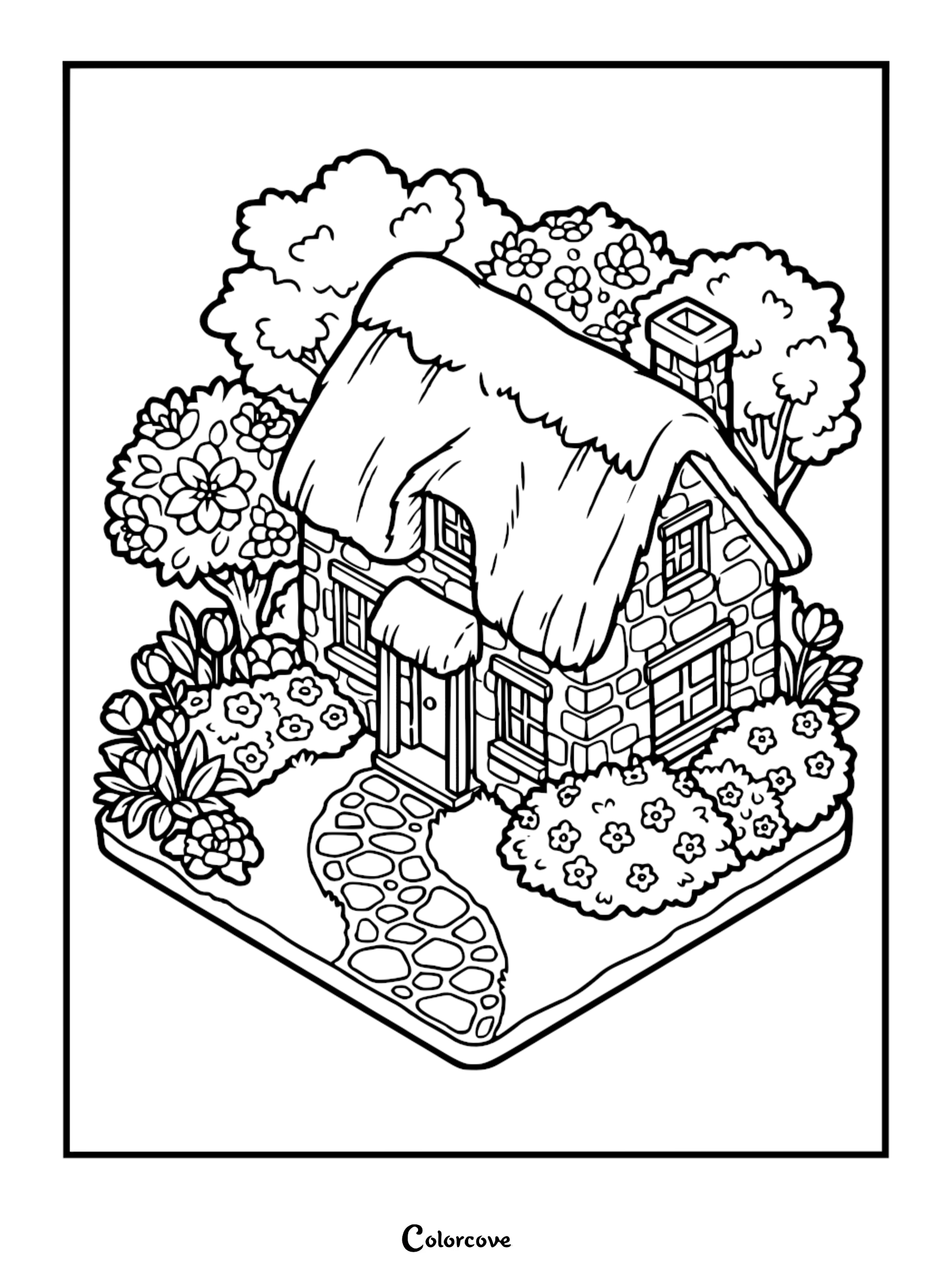 A printable coloring page featuring a cozy cottage with a thatched roof, stone walls, and a cobblestone path surrounded by blooming garden flowers and trees.