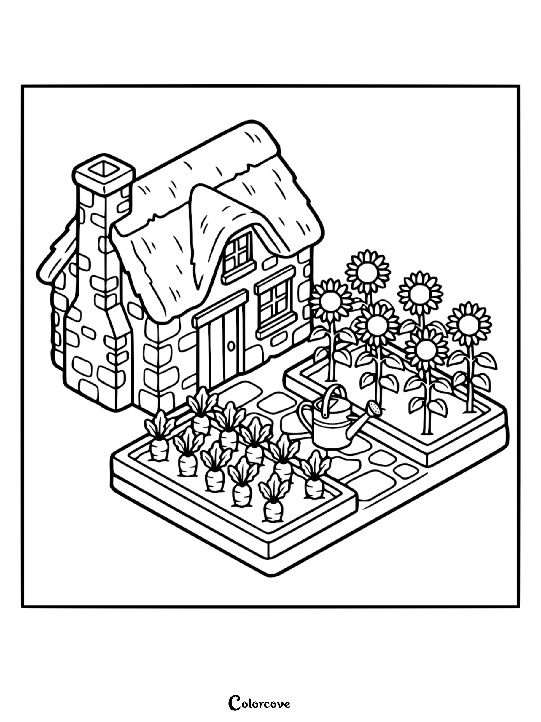 A printable cozy cottage coloring page featuring a stone house with a thatched roof, a vegetable garden, and sunflowers.