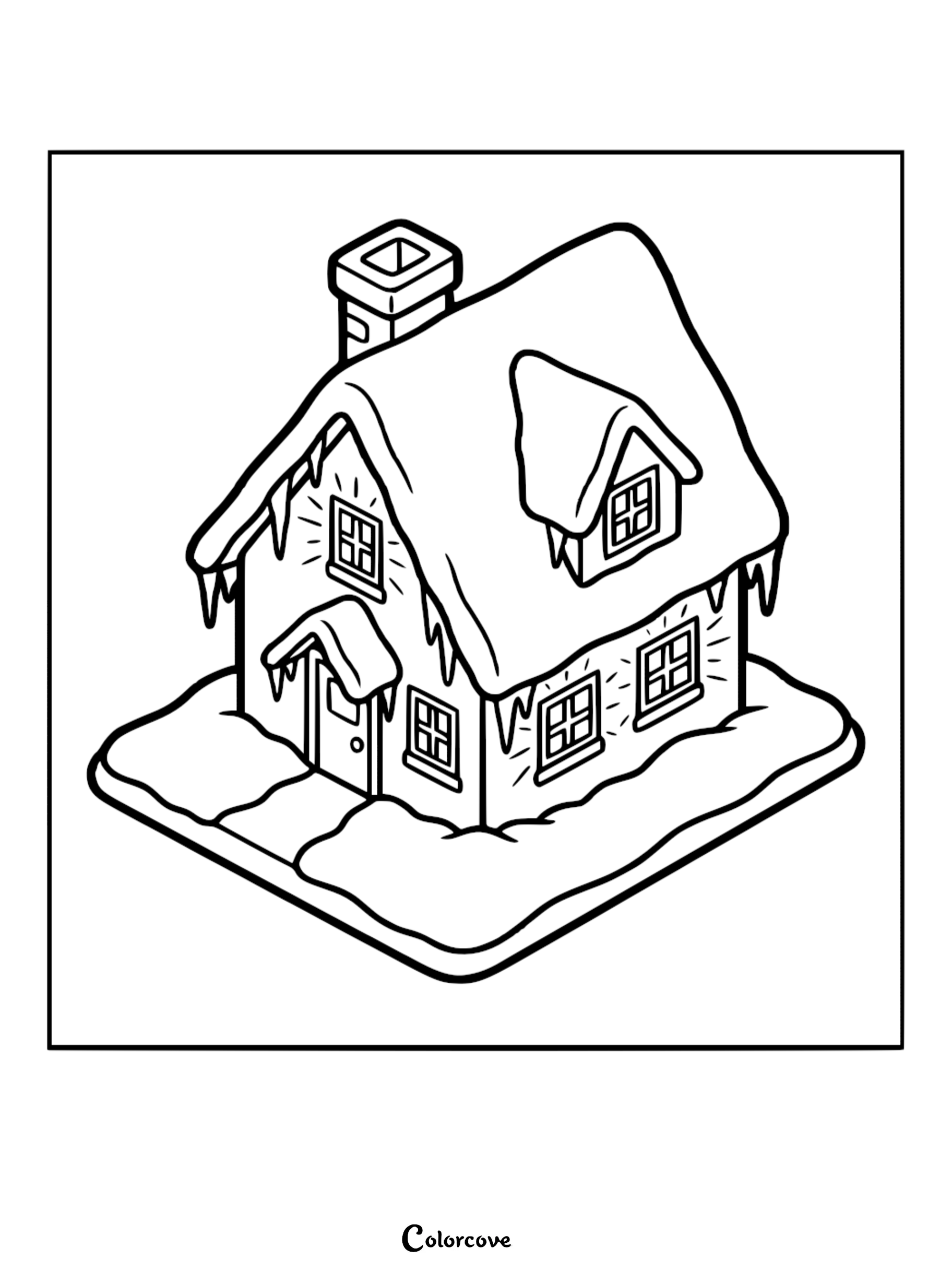 A cozy cottage covered in snow with icicles hanging from the roof in this free printable coloring page.