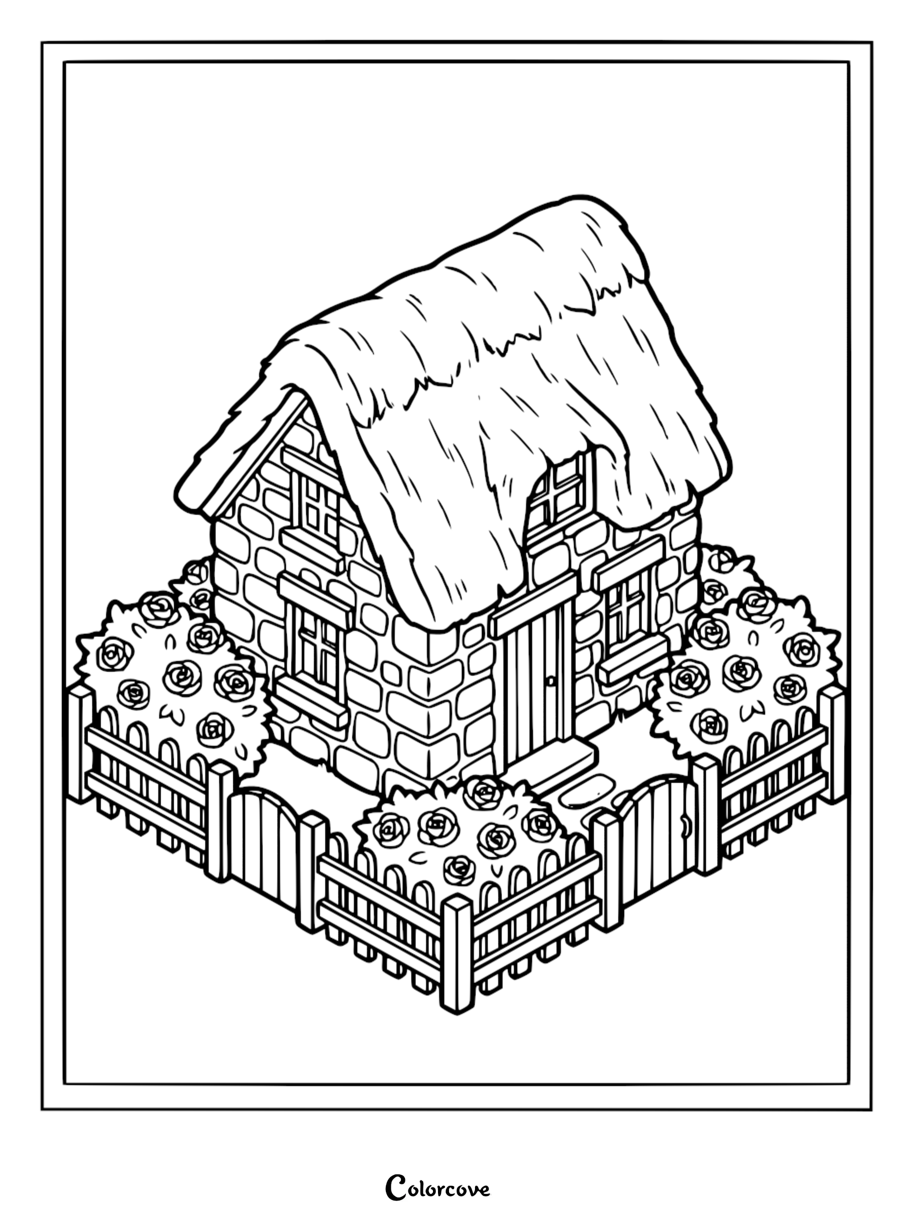 A cozy cottage coloring page featuring a stone house with a thatched roof, surrounded by a picket fence and rose bushes.