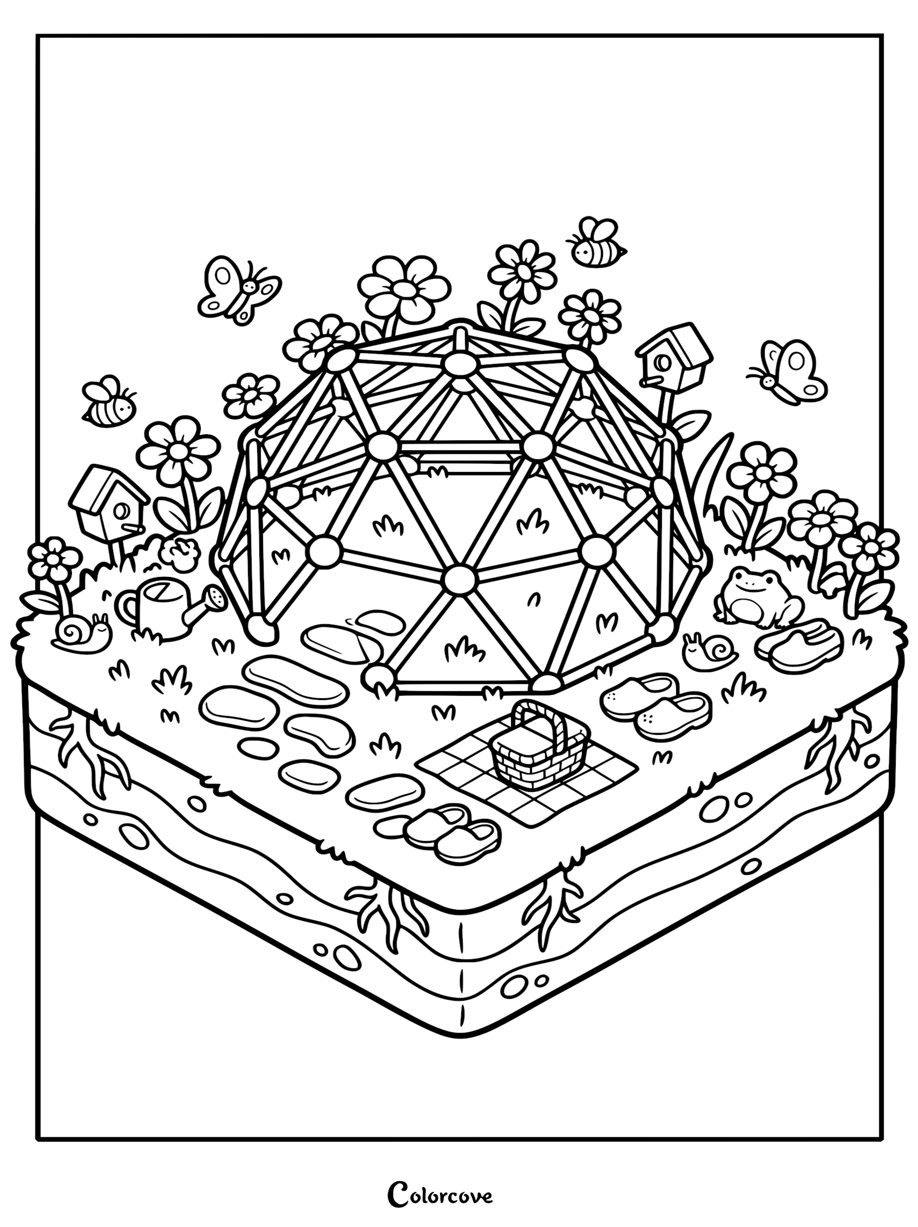 Isometric coloring page featuring a geodesic dome climbing frame in a lush garden with butterflies, bees, flowers, a picnic basket, and a frog.
