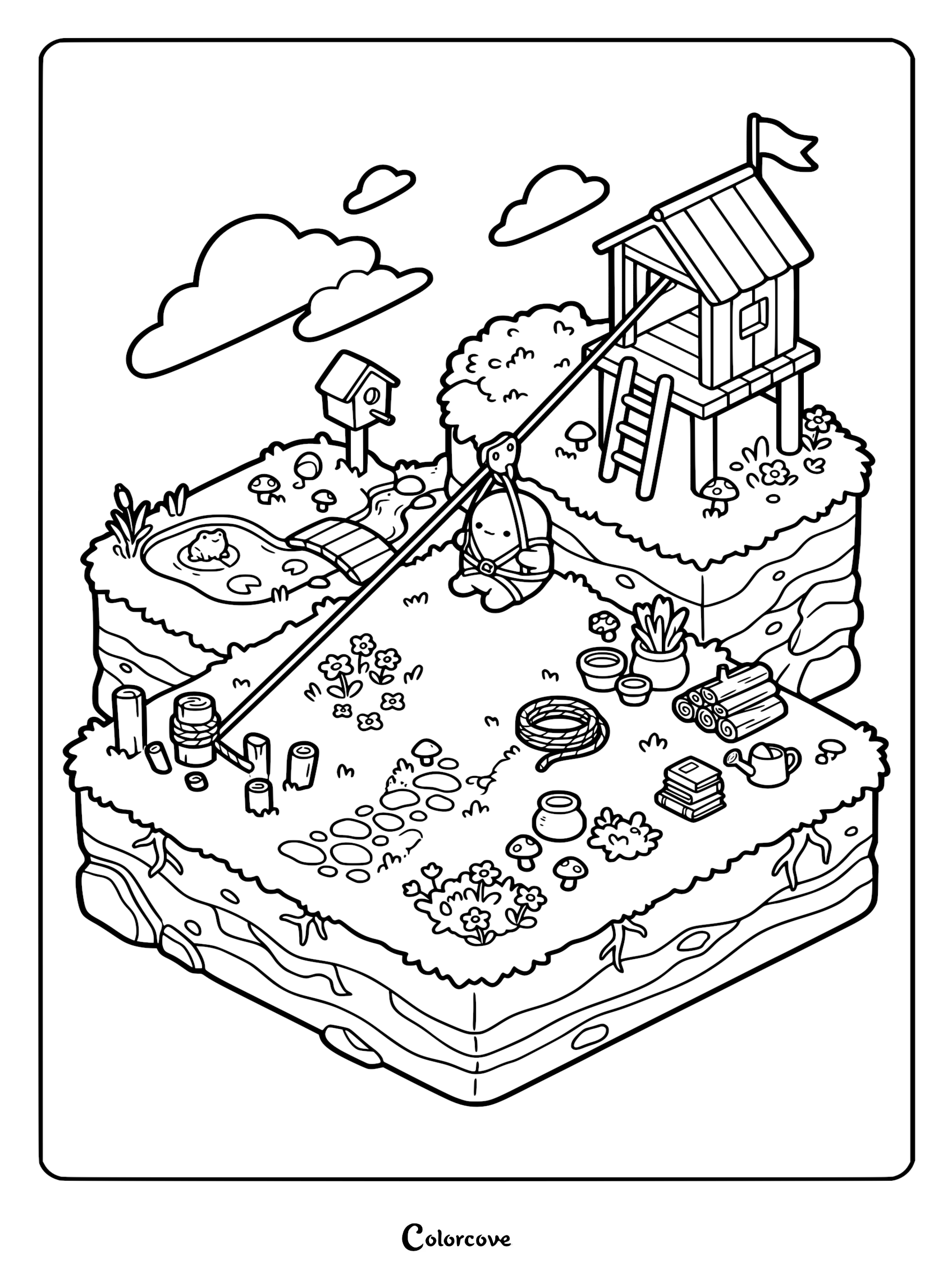 A whimsical isometric coloring page featuring a small creature riding a zipline from a treehouse over a garden with a pond, birdhouse, and stone path.