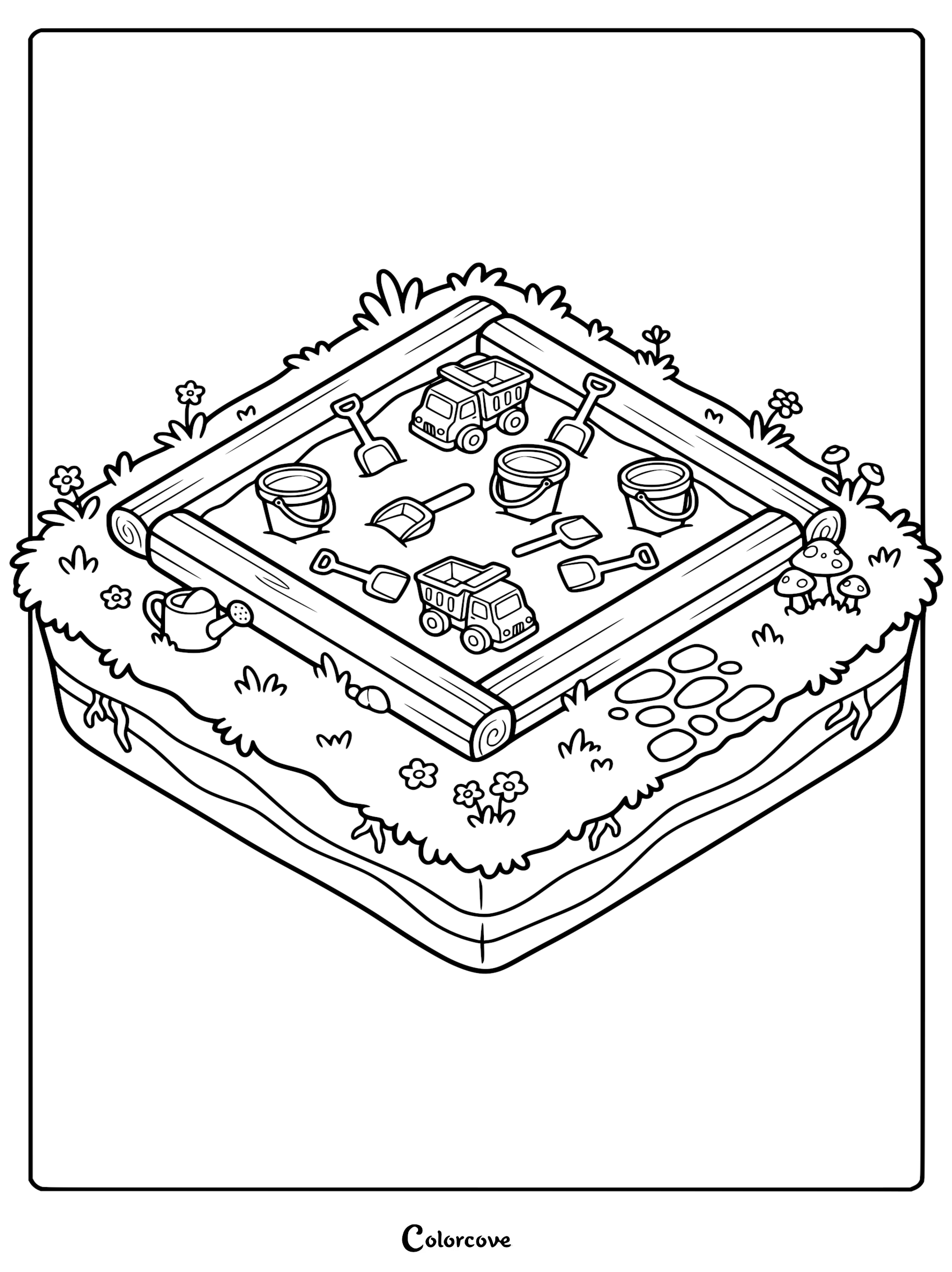 A line art coloring page of an isometric wooden sandbox filled with toy trucks, buckets, and shovels, surrounded by flowers and mushrooms.