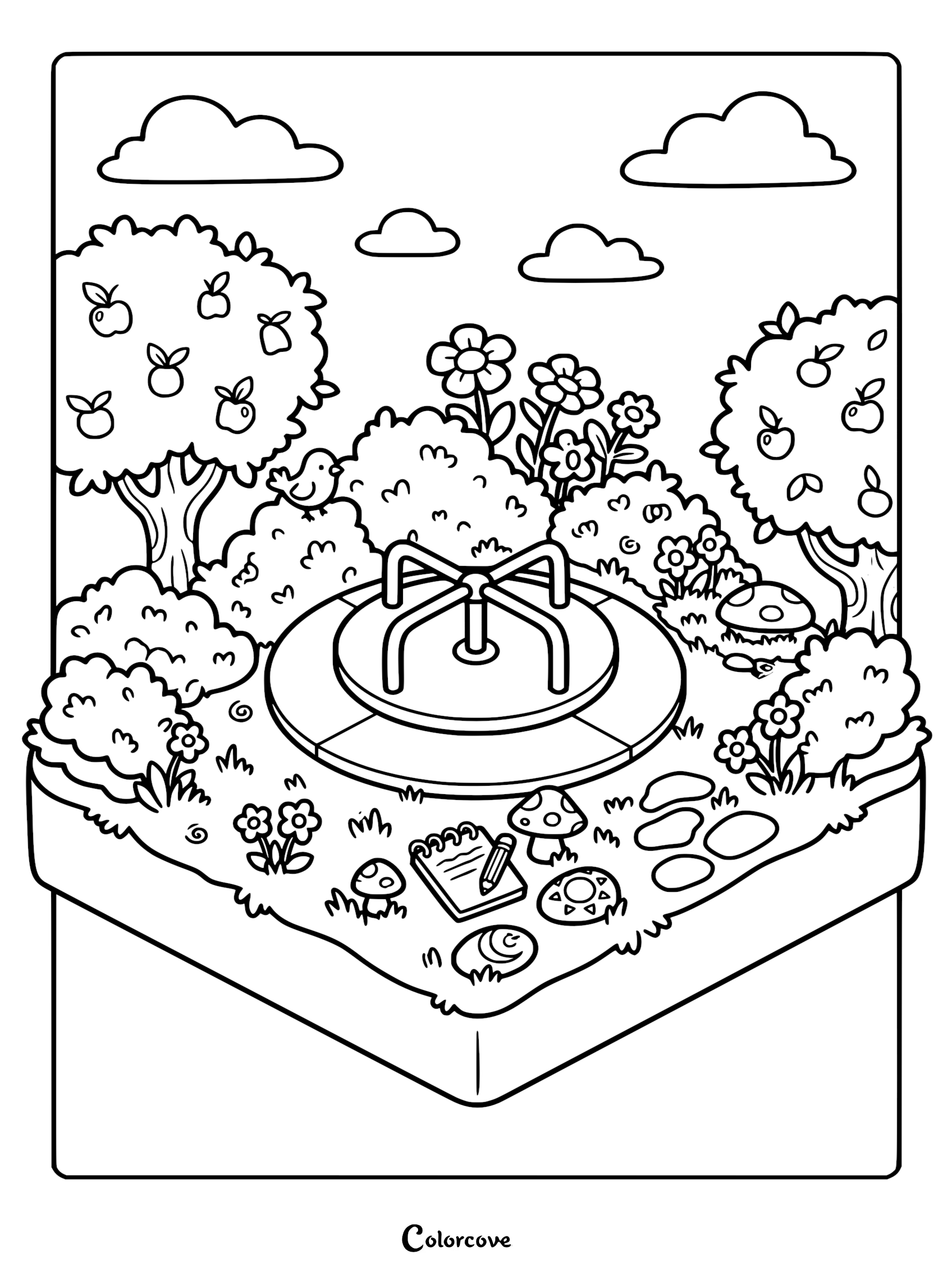 Isometric coloring page featuring a playground merry-go-round, apple trees, mushrooms, a notebook, and a bird in a garden.