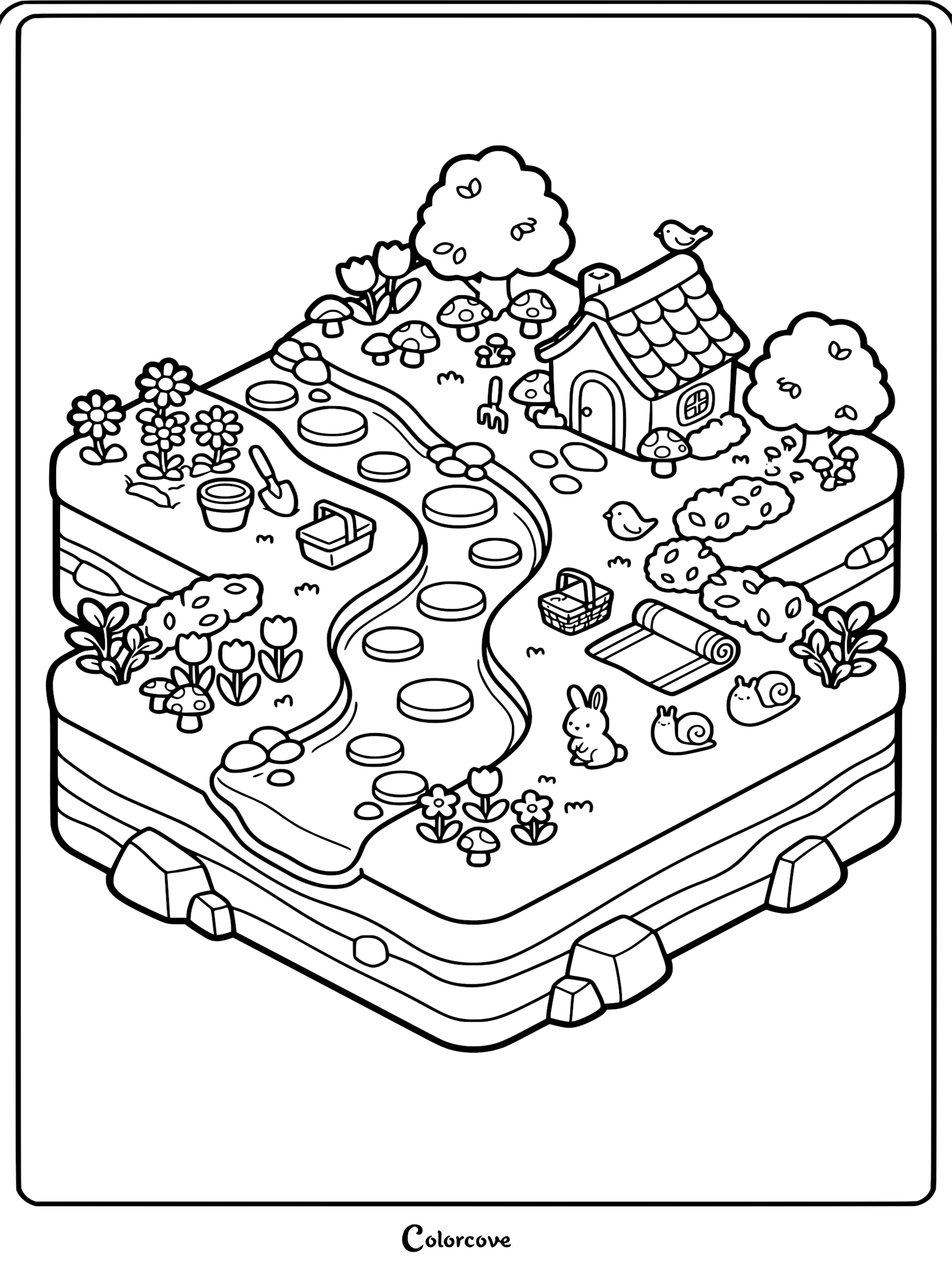 Isometric view coloring page featuring a winding stone path through a garden, a small cottage, a bunny, snails, flowers, and picnic supplies.