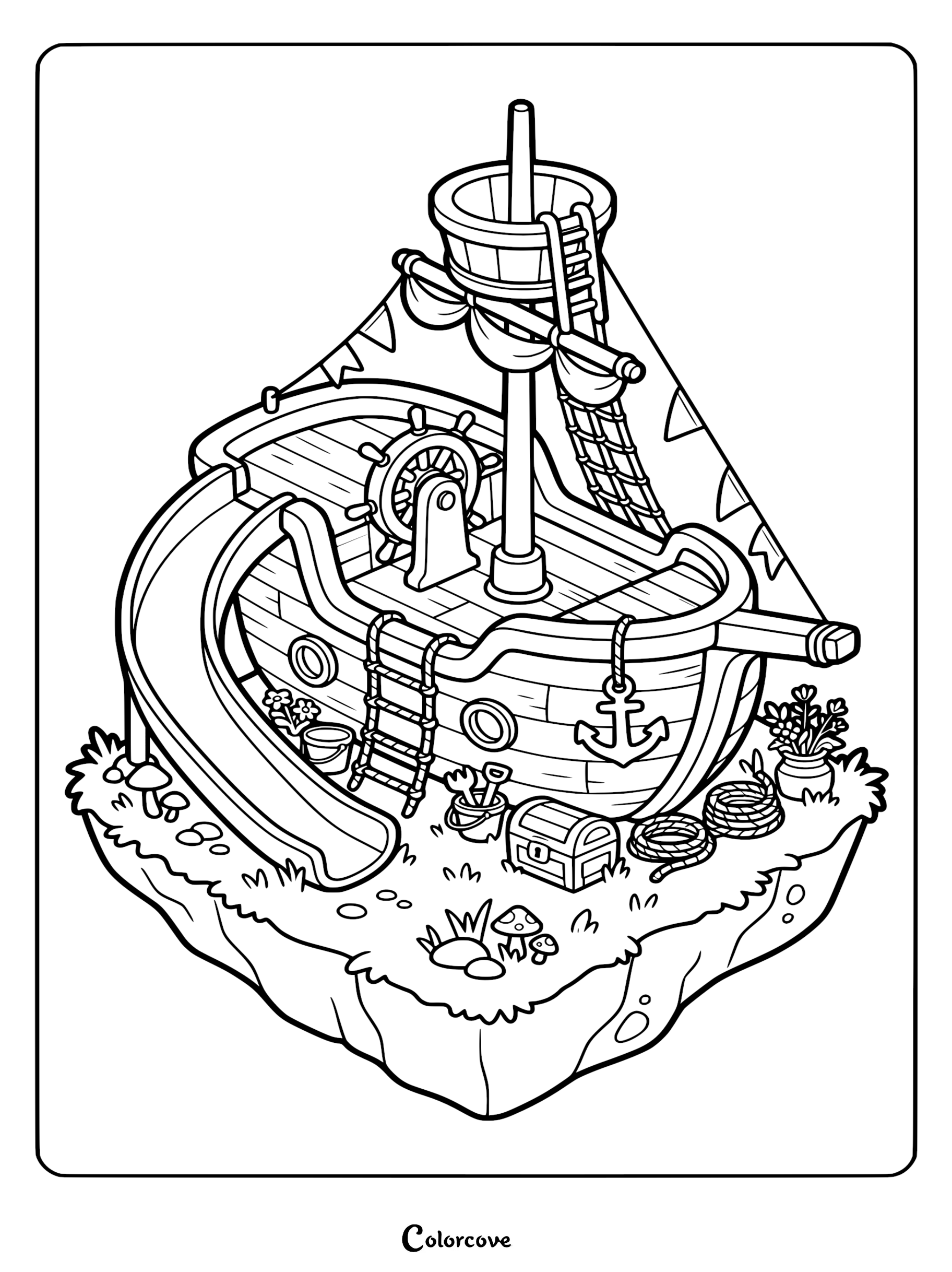 A printable coloring page of an isometric pirate ship playground with a slide, steering wheel, anchor, treasure chest, and rope on a grassy cliffside island.