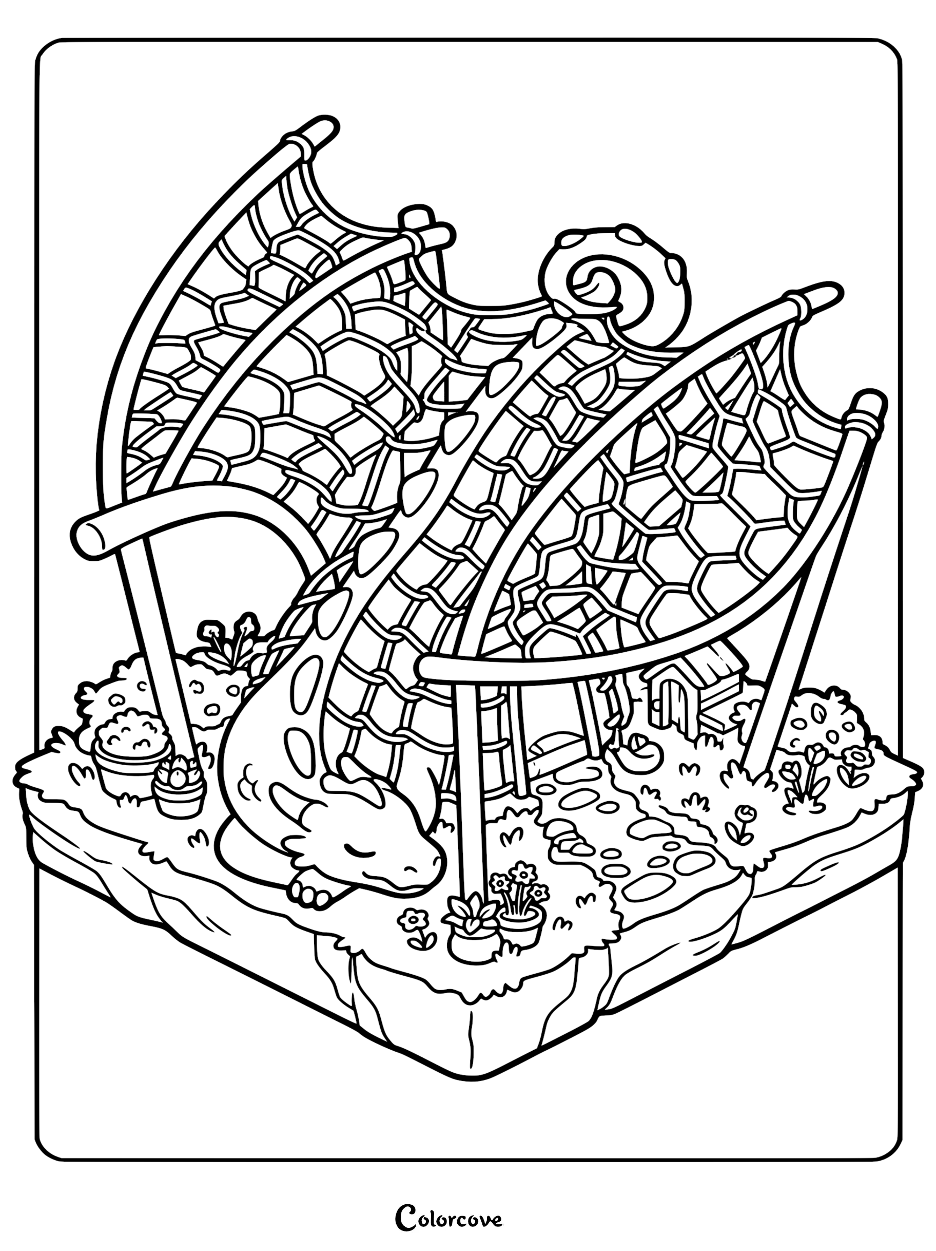 A printable coloring page featuring a baby dragon sleeping next to an arched honeycomb climbing net in a miniature garden playground.