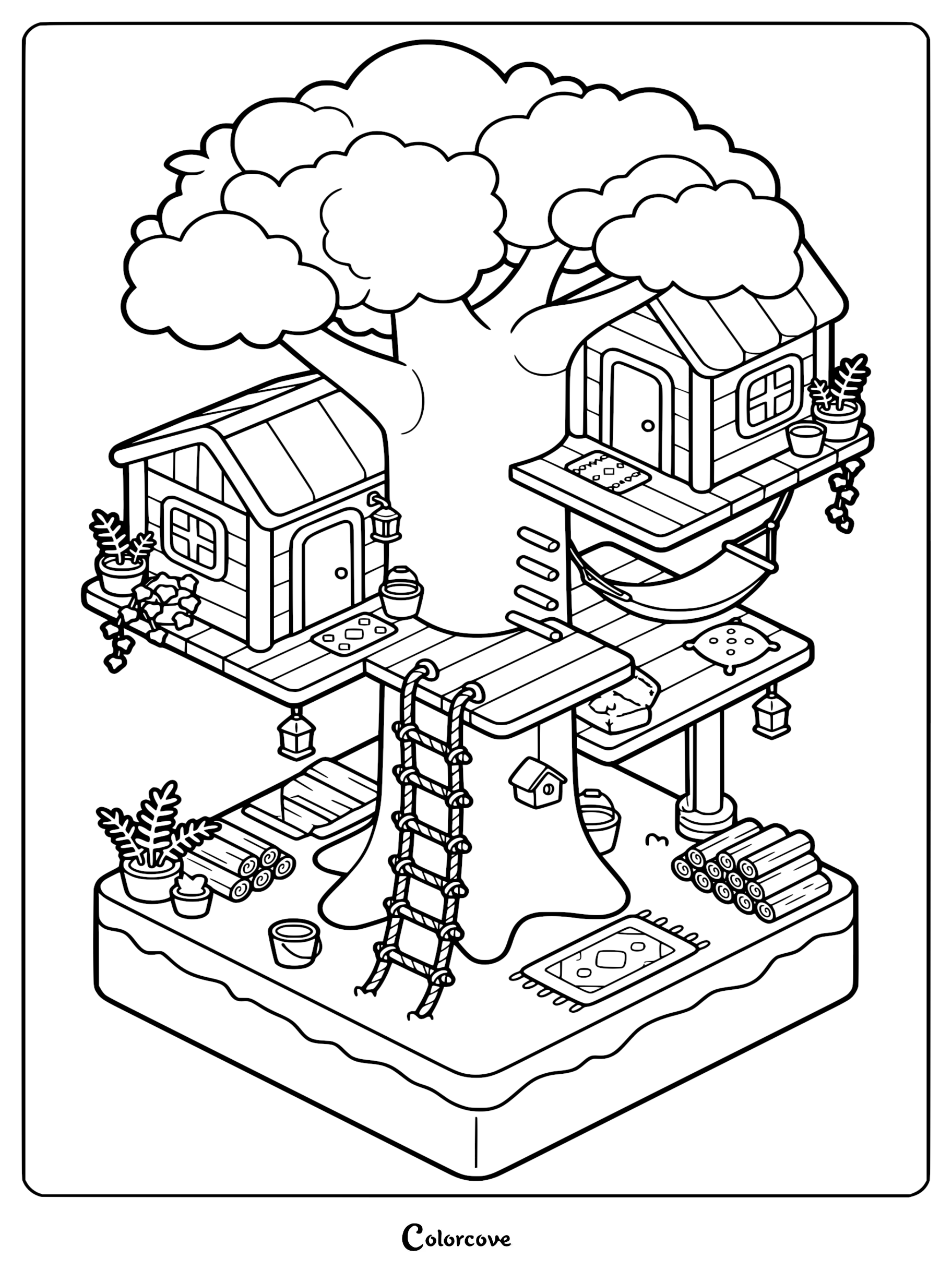 An isometric line art coloring page featuring a whimsical multi-level treehouse with ladders, a hammock, potted plants, and stacked logs.