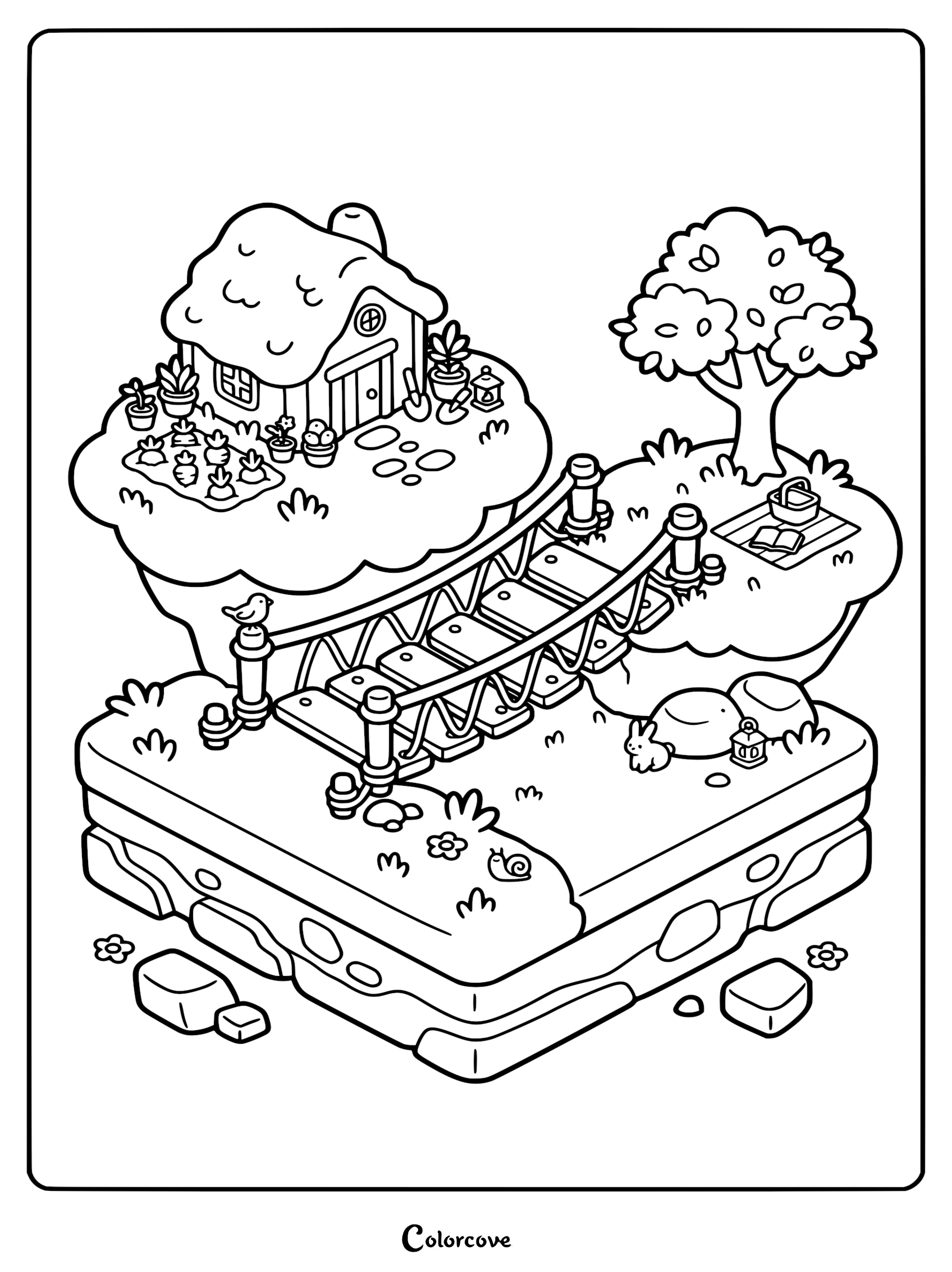 Floating island coloring page featuring a cozy cottage with a carrot garden connected by a rope bridge to a picnic tree island with a rabbit.
