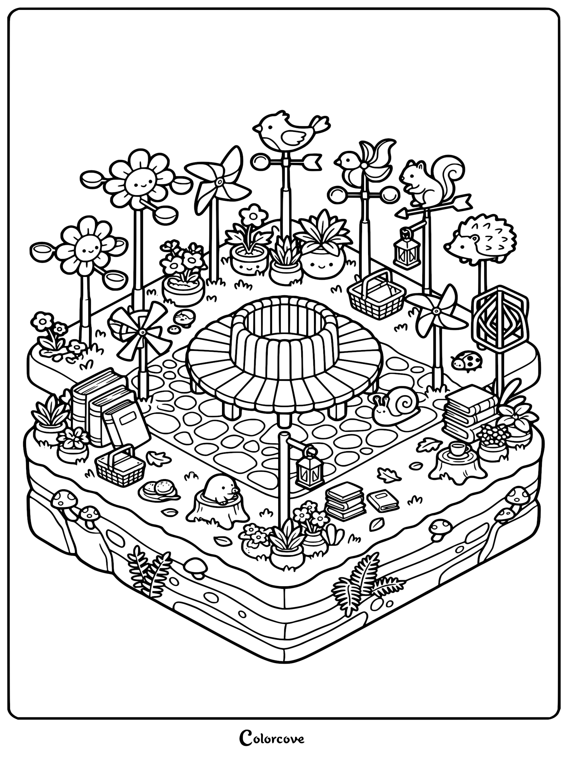 Isometric cozy playground coloring page featuring a circular bench, cute potted flowers, a squirrel on a signpost, a hedgehog, a snail, and books in a garden setting.