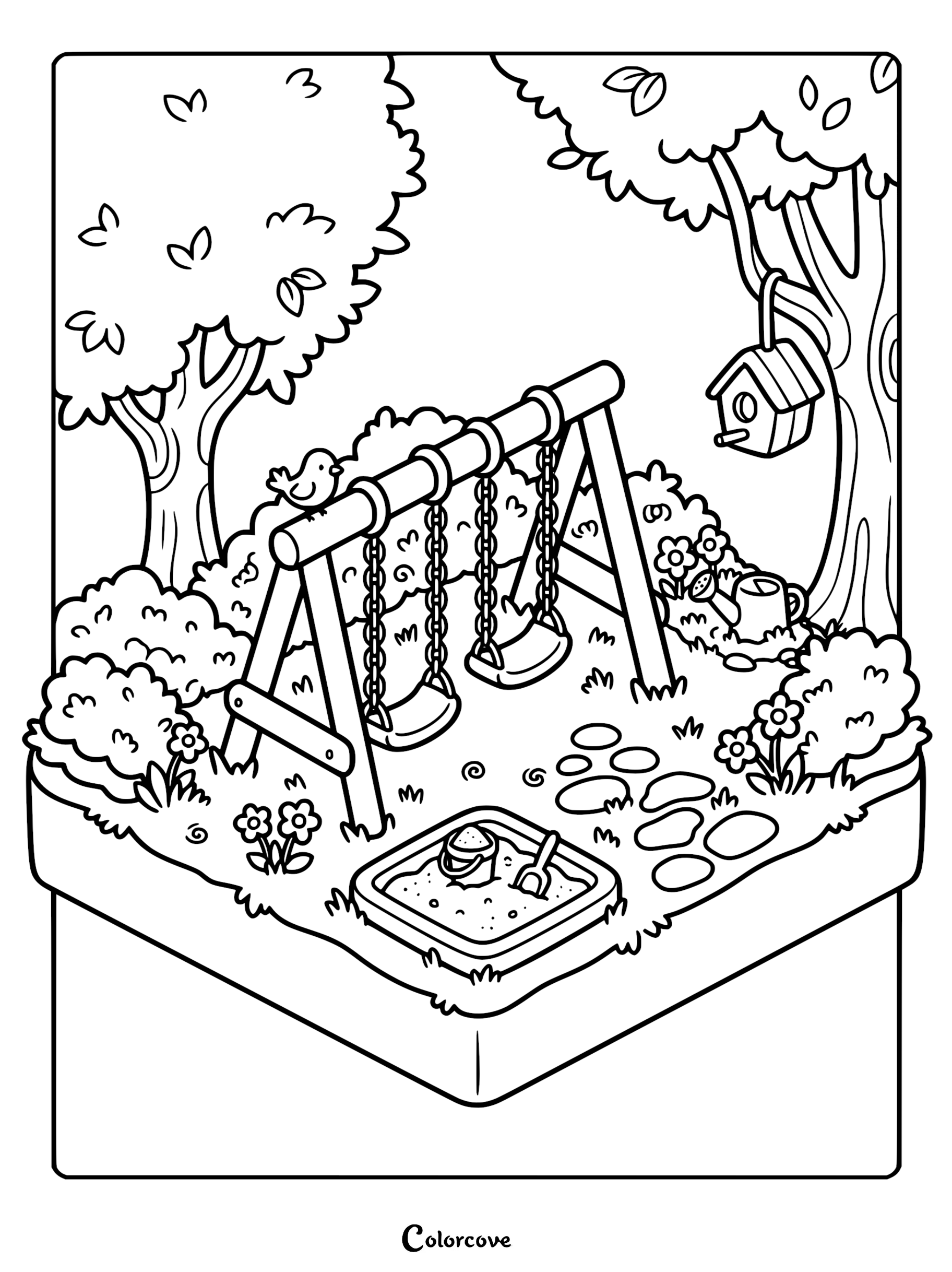 A printable coloring page featuring a cozy playground scene with swings, a sandbox, and a birdhouse tucked into a lush garden with trees and flowers.