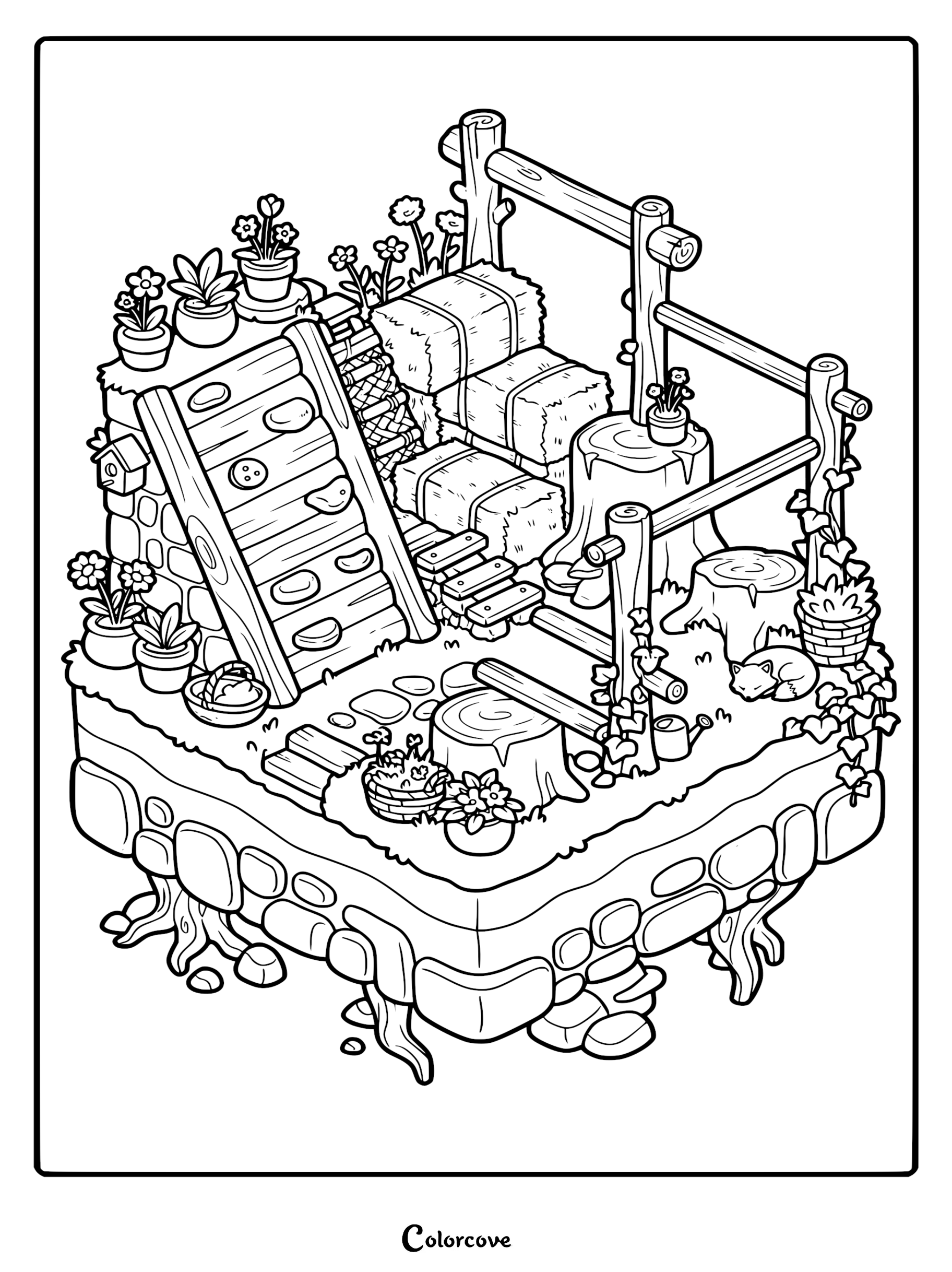 An isometric line art coloring page of a small rustic playground featuring a climbing wall, hay bales, and a sleeping fox among tree stumps and potted flowers.