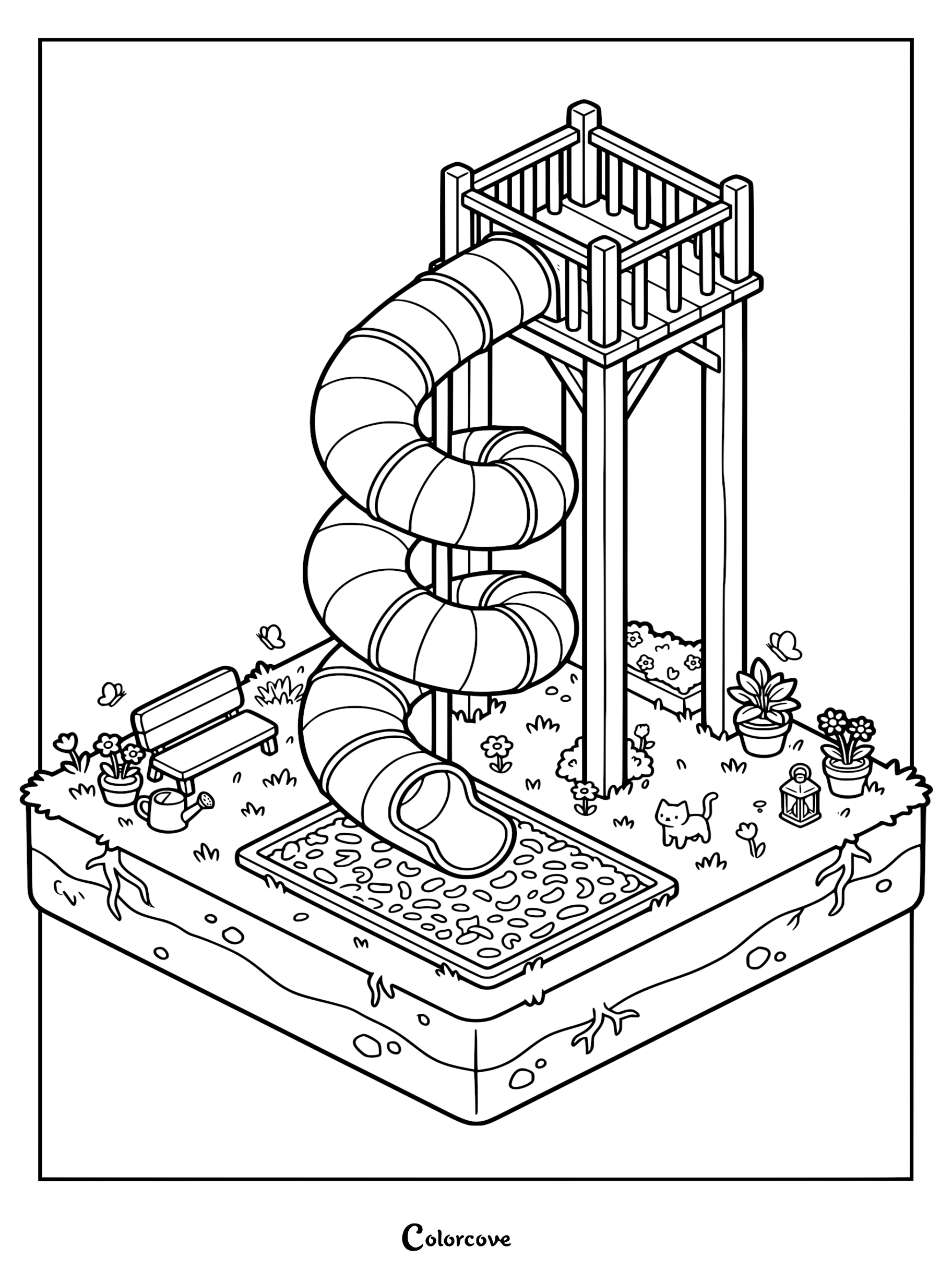 Isometric view of a backyard cozy playground coloring page featuring a spiral slide, a tiny kitten, a park bench, potted flowers, and a garden lantern.
