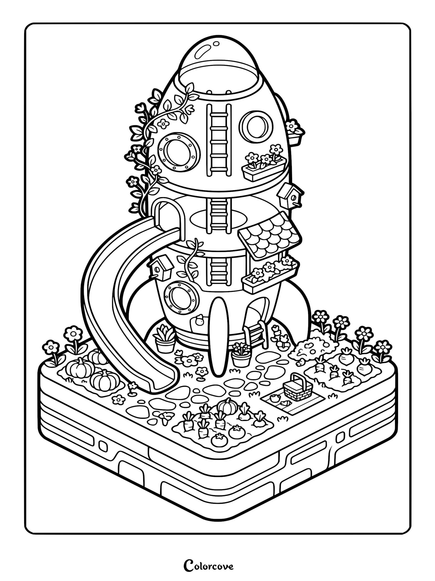 Detailed line art coloring page of a rocket ship playground with a slide, climbing ladders, birdhouses, and a surrounding garden with pumpkins and vegetables.