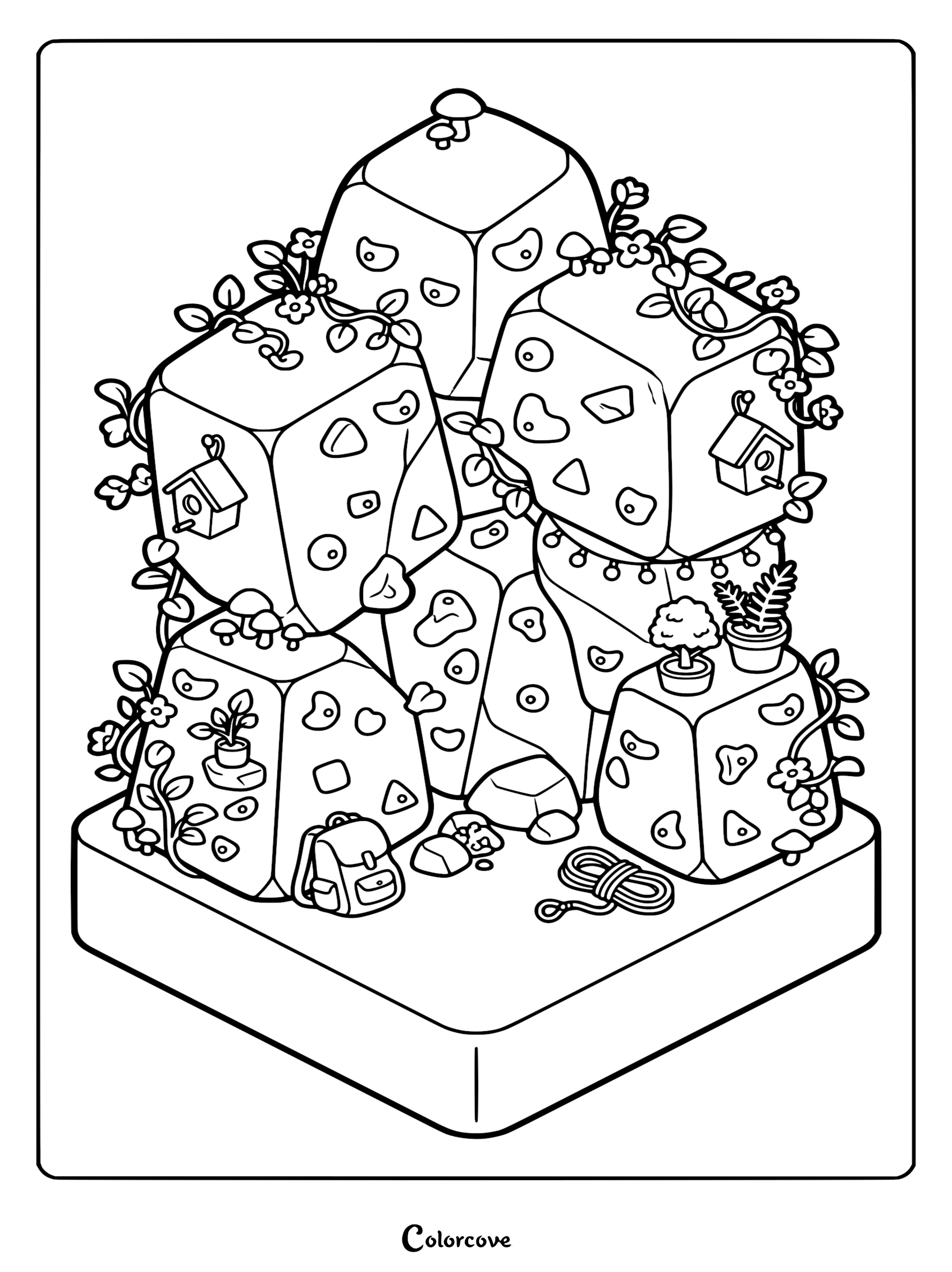 A printable coloring page featuring an isometric climbing gym made of stacked stone blocks with vines, birdhouses, a backpack, and a coiled rope.