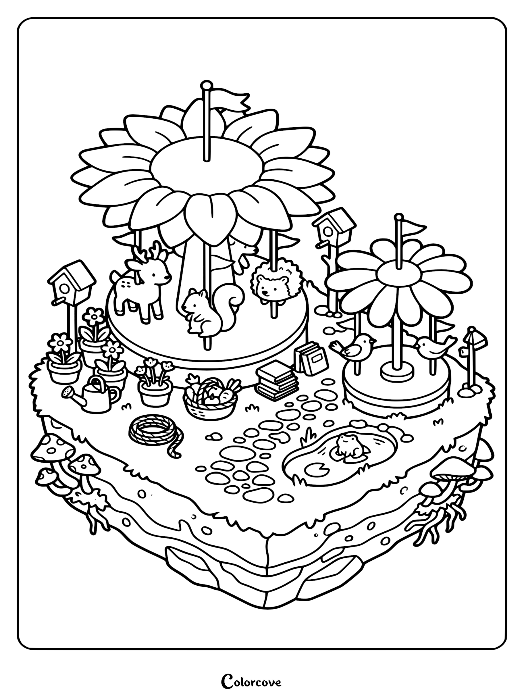 A printable coloring page featuring a whimsical isometric garden island with two flower-shaped carousels, a deer, squirrel, hedgehog, and frog in a pond.