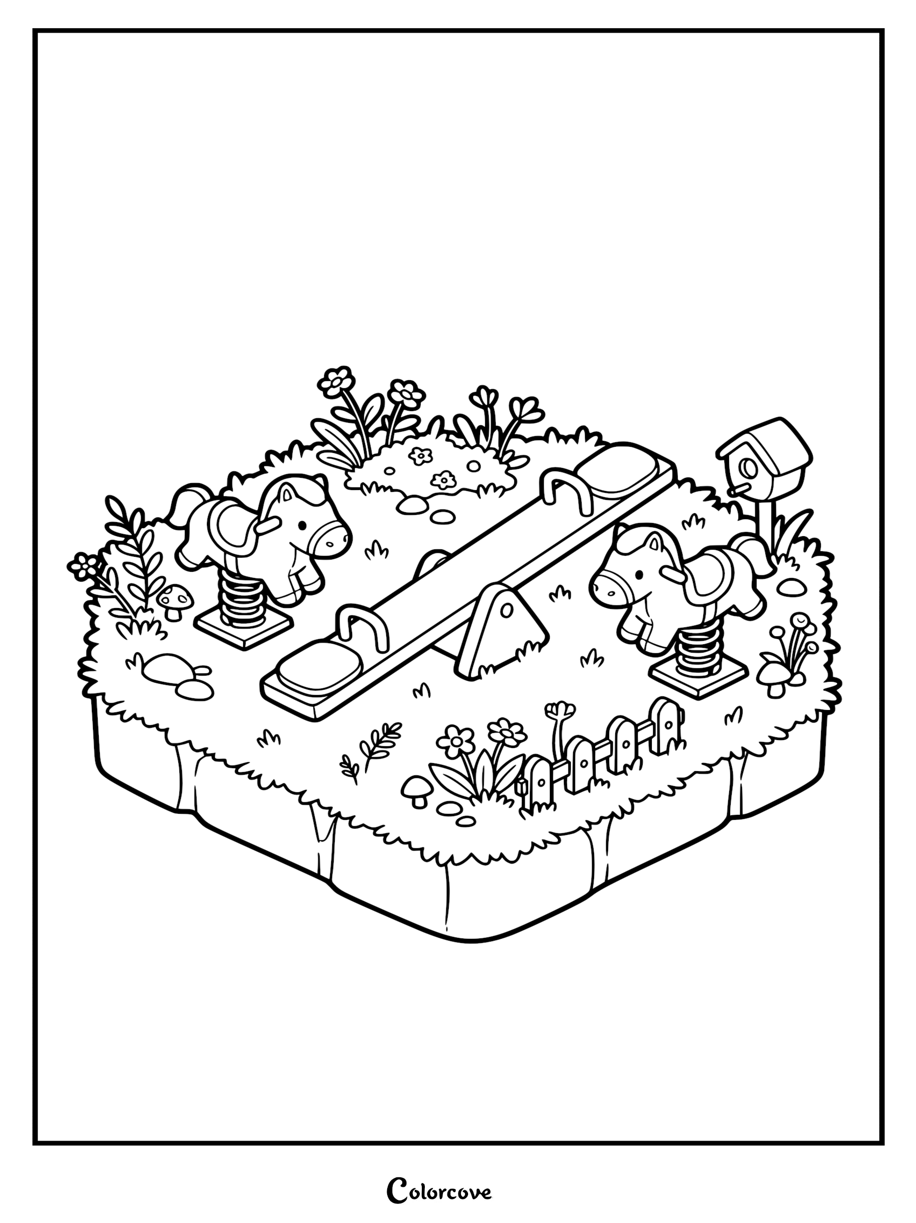 Isometric coloring page featuring two cute pony spring riders and a seesaw in a flower-filled garden with a birdhouse.
