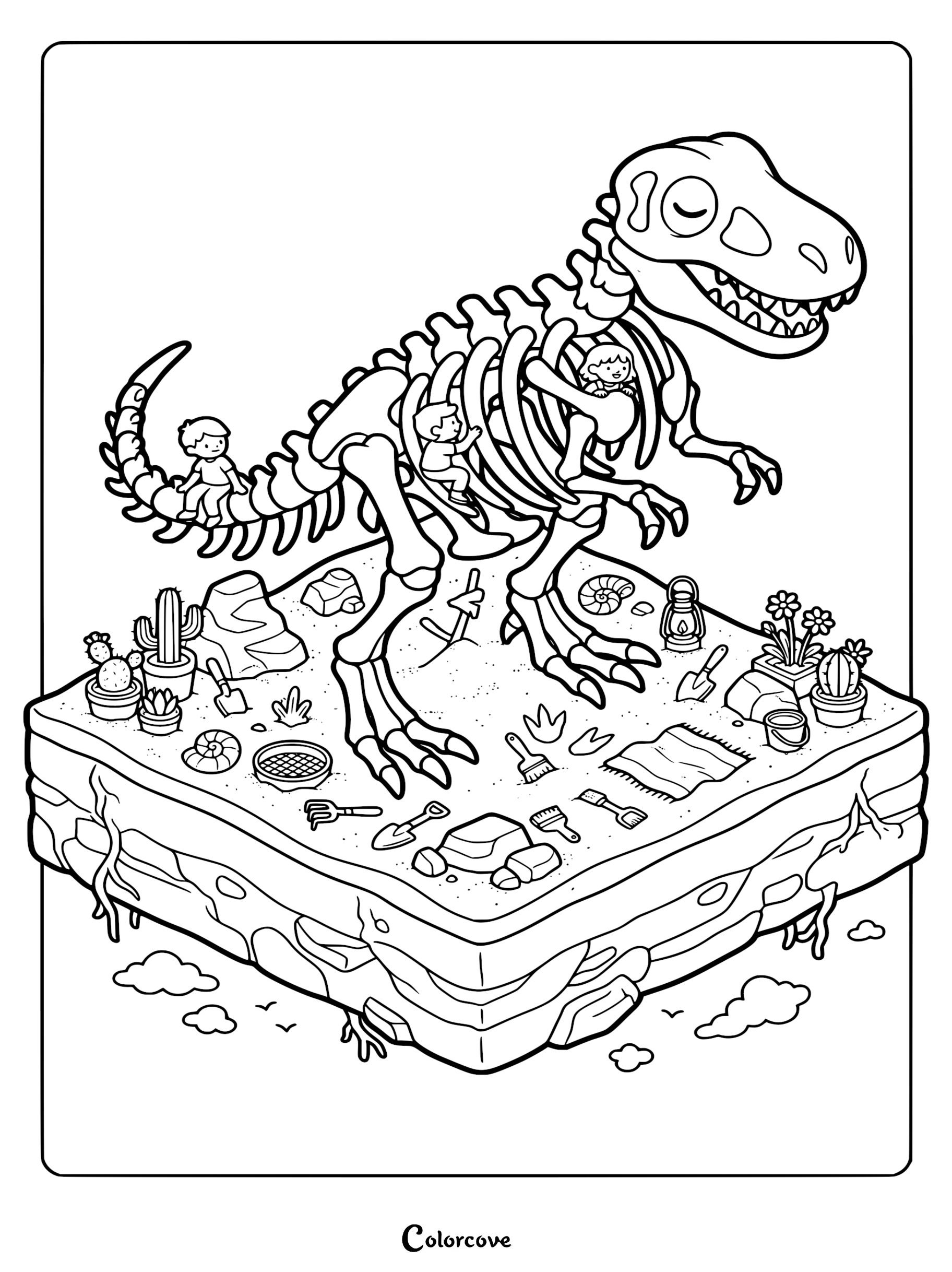 A printable coloring page featuring three children exploring a giant T-Rex fossil on a floating island with cactus pots, paleontology tools, and small clouds.