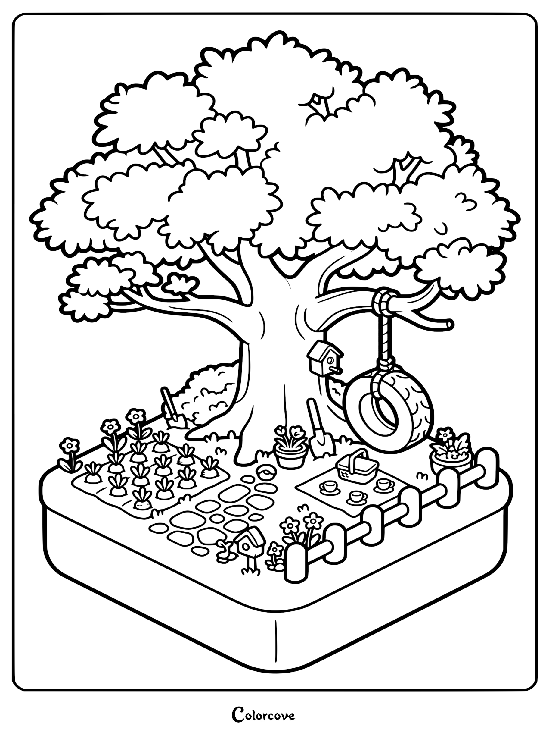 Detailed coloring page featuring an isometric garden scene under a large tree with a tire swing, birdhouse, stone path, vegetable patch, and picnic blanket with teacups.