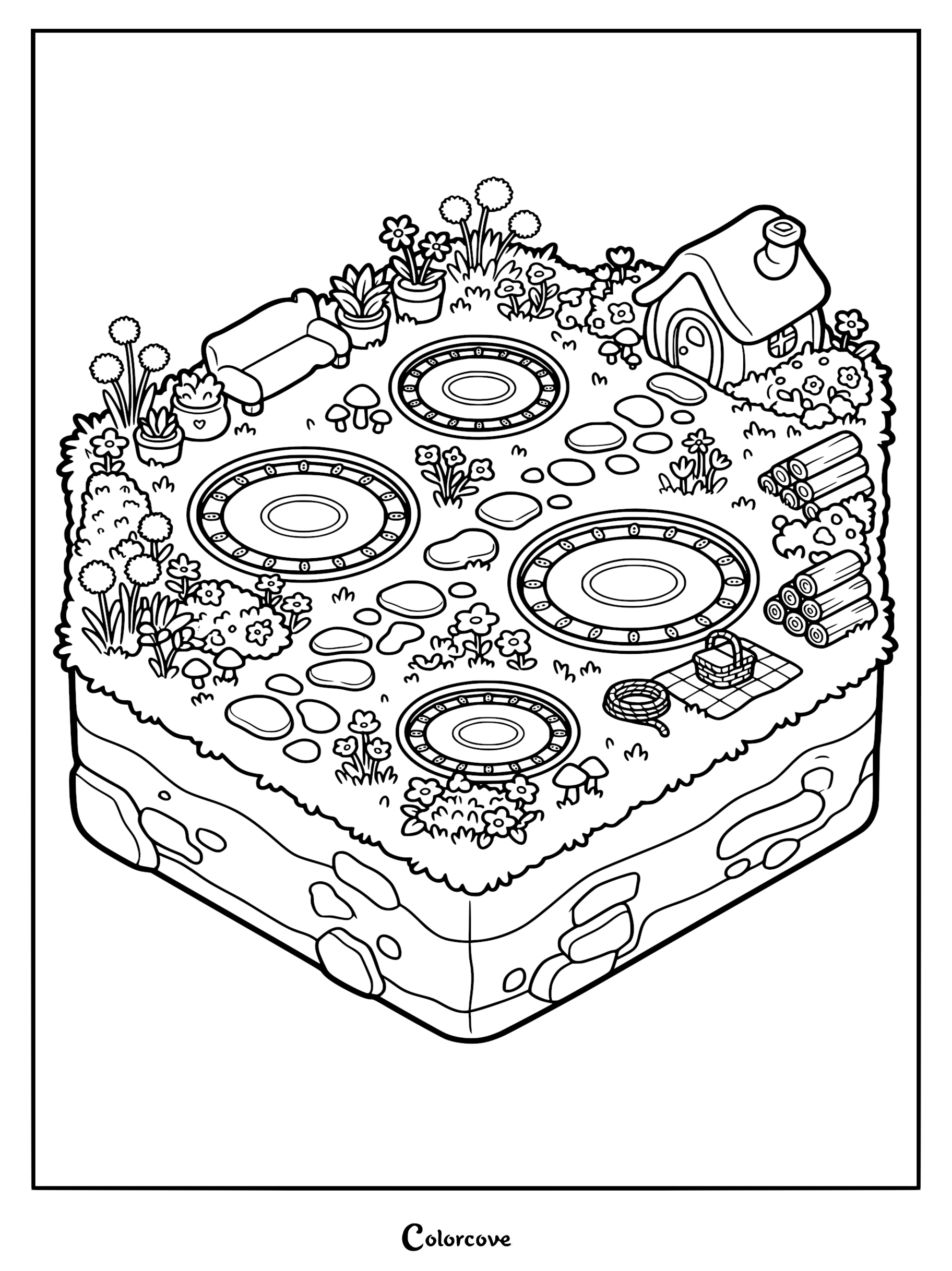 A printable coloring page featuring an isometric garden island with four trampolines, a small cottage, picnic supplies, and potted plants.