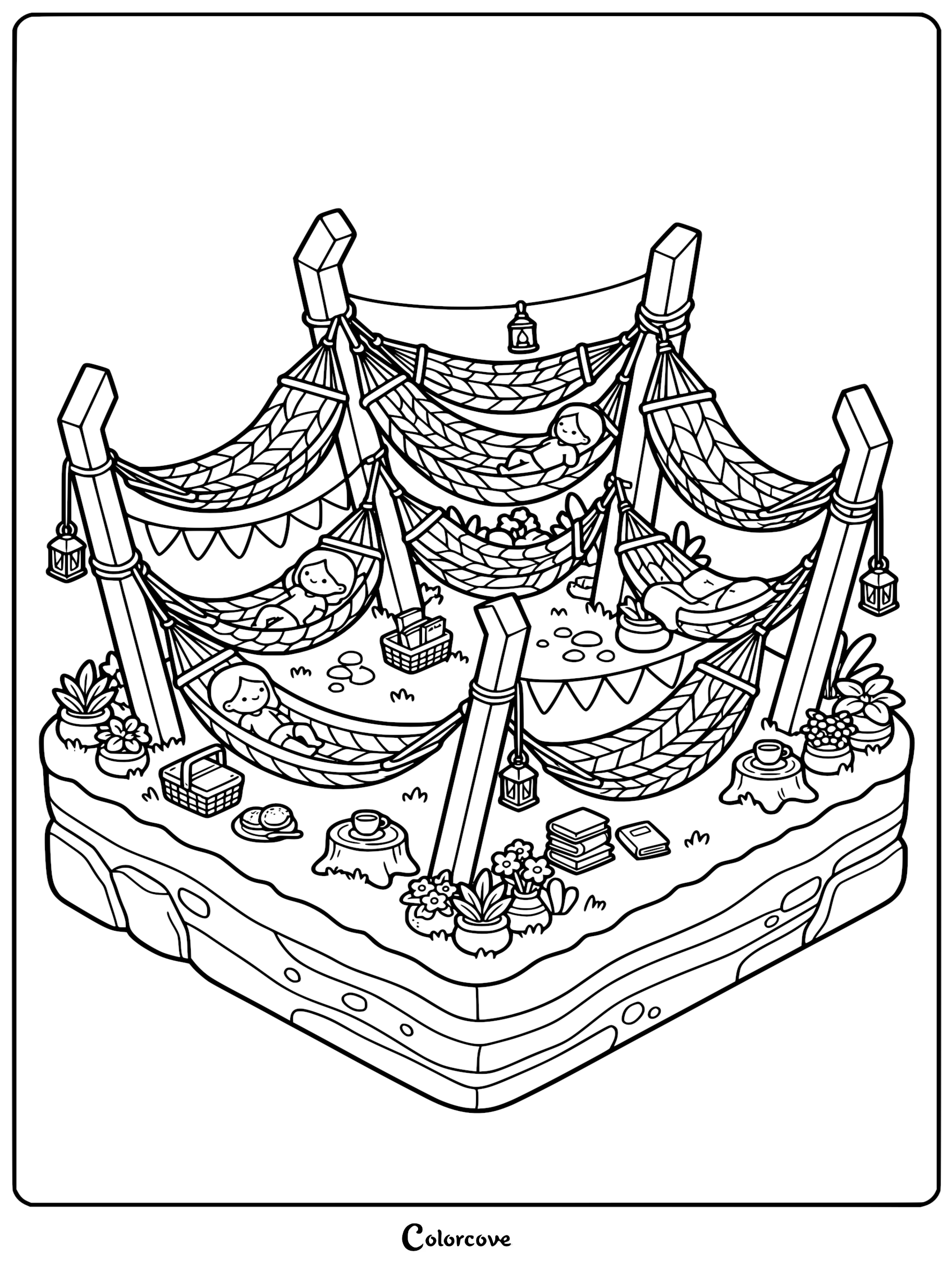 A whimsical isometric coloring page featuring four cute characters relaxing in woven hammocks strung between wooden posts in a park, surrounded by potted plants, books, and picnic snacks.