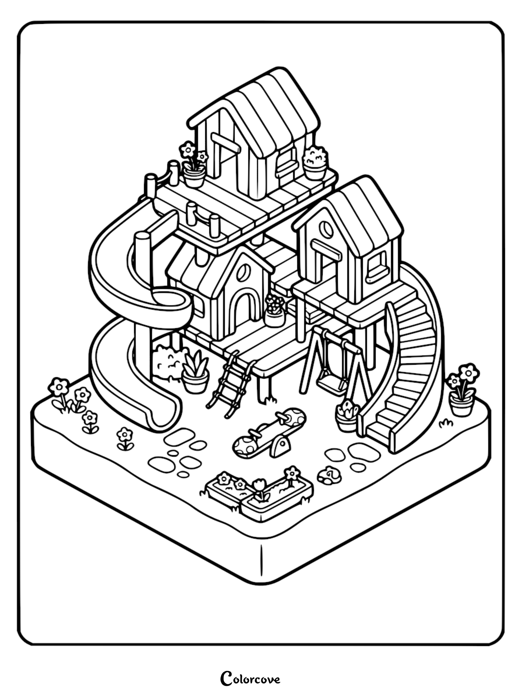 An isometric line art coloring page of a multi-level treehouse playground featuring a spiral slide, ladder, swing set, and seesaw in a garden setting.