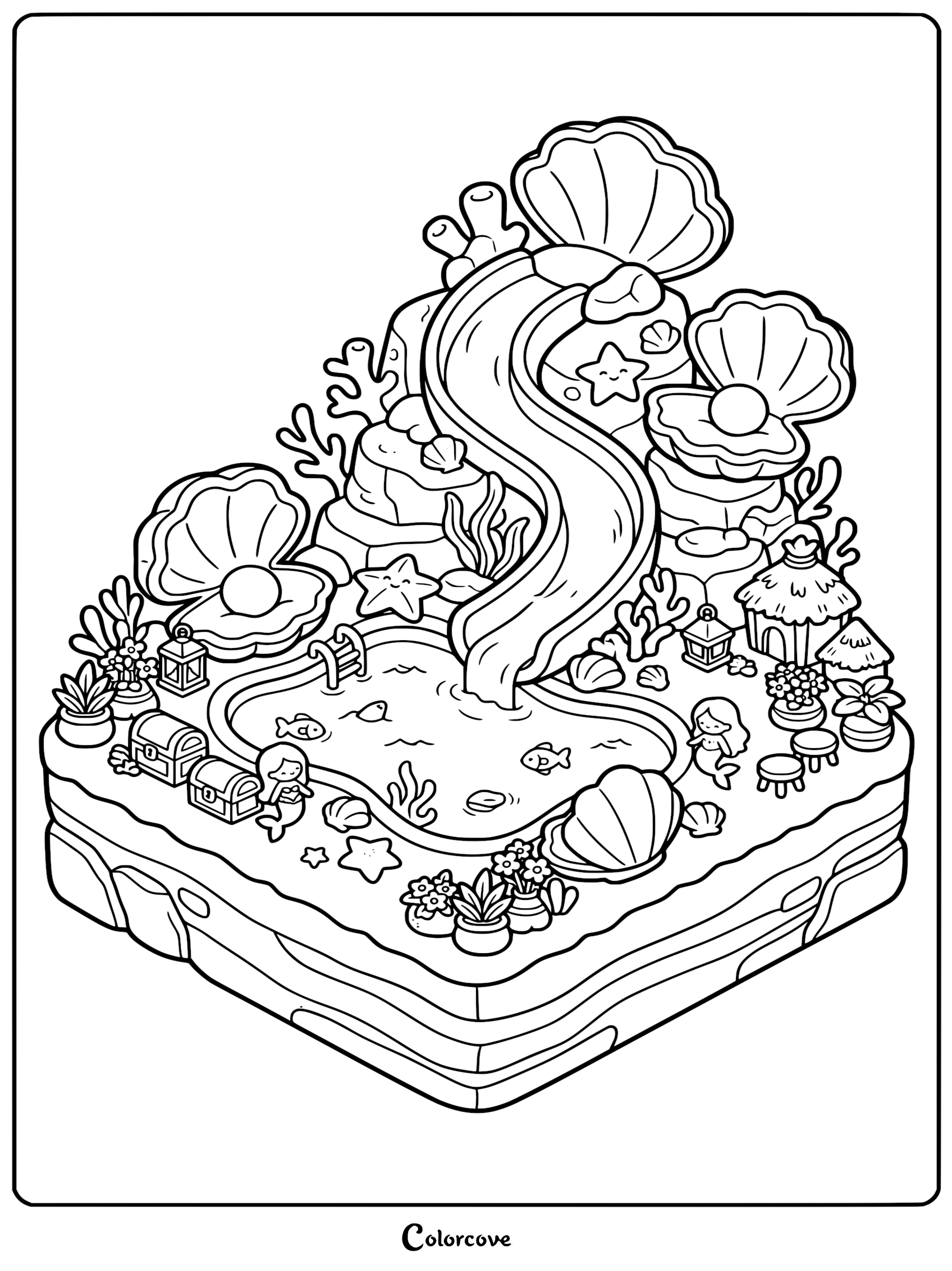 A whimsical underwater cozy playground coloring page featuring mermaids, a seashell slide, treasure chests, and a swimming pool with fish.