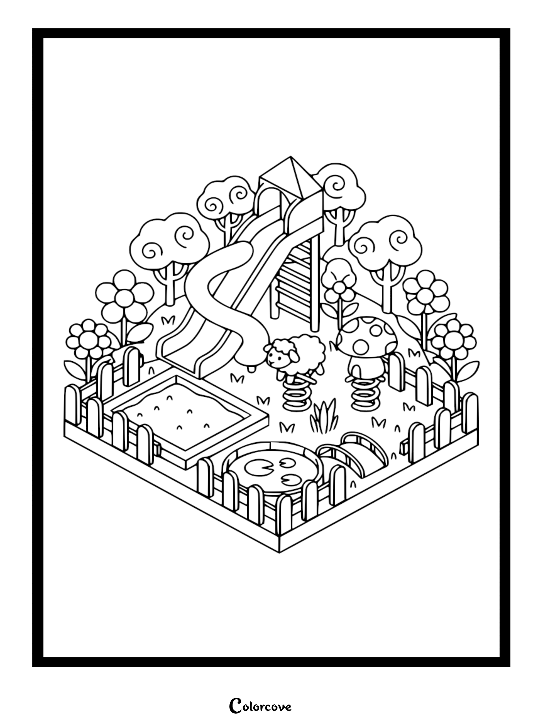 Isometric coloring page of a fenced playground featuring a slide, a sheep spring rider, a mushroom seat, a sandbox, and a small pond.